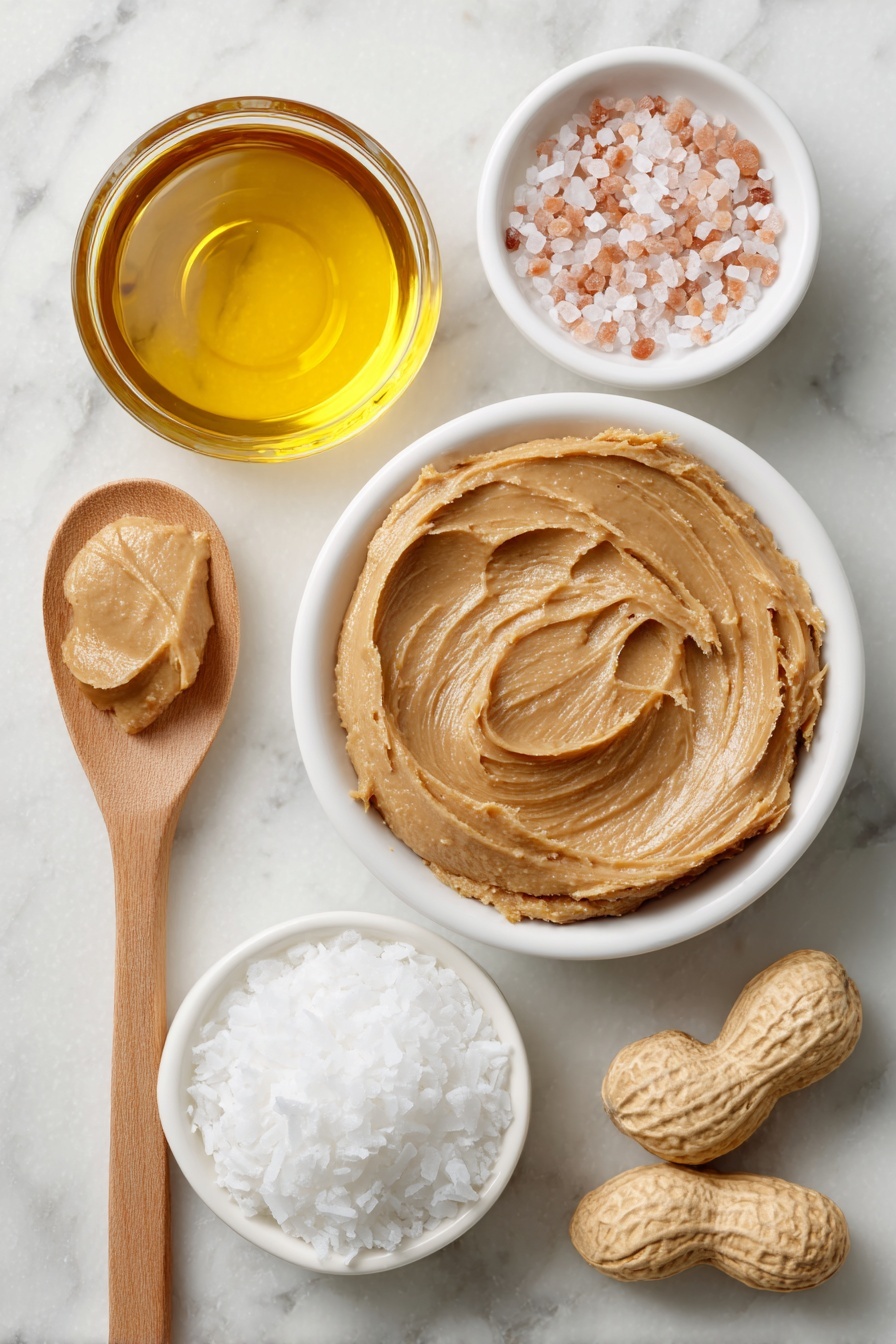 Flat lay of a smooth wooden spoonful of natural peanut butter, a small white bowl filled with golden maple syrup, a small white bowl of white cane sugar crystals, a few golden coconut oil chunks glistening softly, and a small white bowl containing coarse pink sea salt crystals, all arranged in perfect symmetry with balanced spacing, placed on a clean white marble surface, soft natural light, photo taken with an iPhone, professional food photography style, fresh ingredients, white ceramic bowls, no bottles, no duplicates, no utensils, no packaging --ar 2:3 --v 7 --p m7354615311229779997 - Easy Dairy-Free Peanut Butter Fudge, dairy-free peanut butter fudge, vegan peanut butter fudge, healthy peanut butter dessert, no-bake fudge recipe