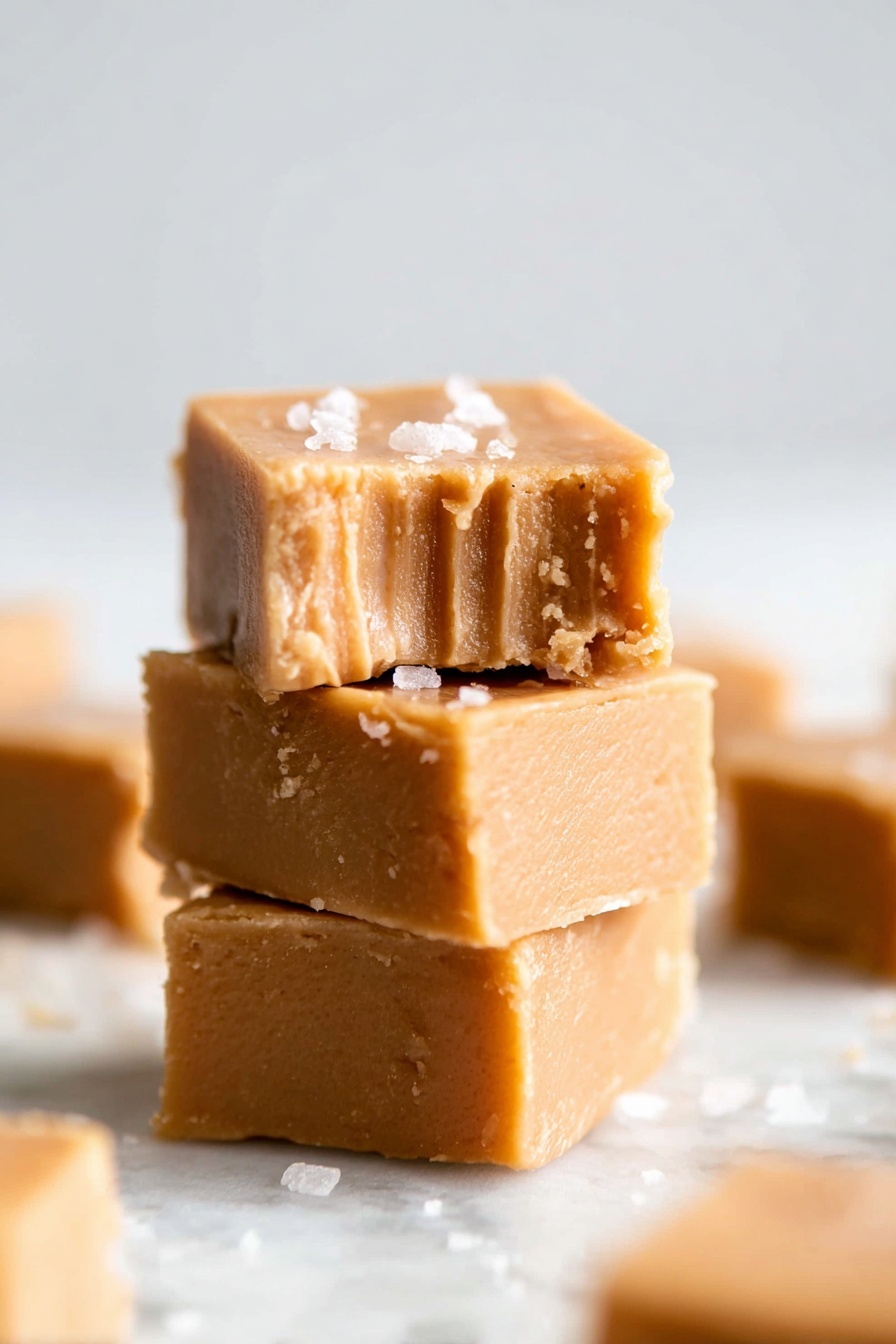 This image shows a stack of three square fudge pieces on a white marbled surface. The fudge has a smooth, creamy texture with a warm light brown color. The top piece has a bite taken from the front right corner, showing a soft inside with a slightly grainy look. Some coarse salt flakes are sprinkled on the top layer, adding small bright white spots. In the background, blurry pieces of more fudge are scattered around. The overall focus is sharp on the stacked fudge with a plain, soft white backdrop. Photo taken with an iphone --ar 2:3 --v 7 - Easy Dairy-Free Peanut Butter Fudge, dairy-free peanut butter fudge, vegan peanut butter fudge, healthy peanut butter dessert, no-bake fudge recipe