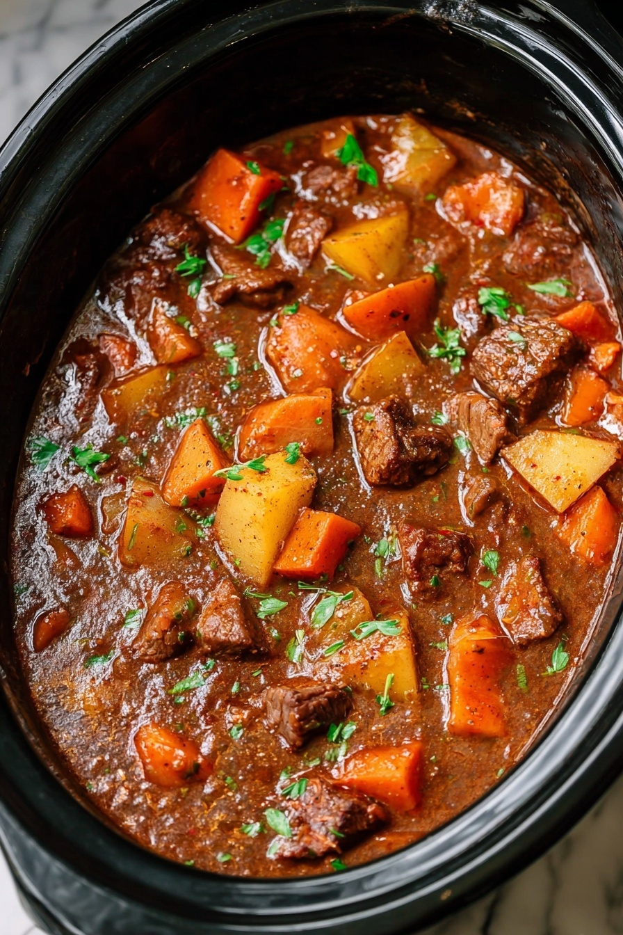 A close-up view of a rich stew inside a black slow cooker shows layers of chunky textures and colors. The thick brown sauce fills the pot, covering large pieces of orange carrots, light yellow potatoes, and soft green celery. Dark brown meat chunks are scattered throughout, some partially submerged and some visible on top. Small green herbs are sprinkled across the stew’s surface, adding a fresh touch. The gloss of the sauce reflects light, giving it a moist and hearty look. The slow cooker sits on a white marbled surface. photo taken with an iphone --ar 2:3 --v 7 - Slow Cooker Venison Stew, venison hearty stew, easy venison recipe, rustic slow cooker recipes, comforting game meat stew