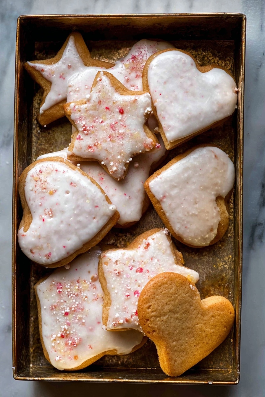 The image shows a baking tray lined with light gray parchment paper holding nine heart-shaped cookies. Each cookie is covered with a smooth, white icing layer that has a slightly shiny texture. Two cookies in the lower left corner have red sugar crystals sprinkled on top of the icing, adding a rough red texture. The cookies are arranged neatly with some touching each other. In the upper right corner of the tray, there is a curled orange peel, bright orange in color and textured. The entire scene rests on a white marbled surface. photo taken with an iphone --ar 2:3 --v 7 - Lebkuchen Cookies with Spiced Glaze, German gingerbread cookies, holiday lebkuchen cookies, spiced cookie recipe, festive gingerbread treats