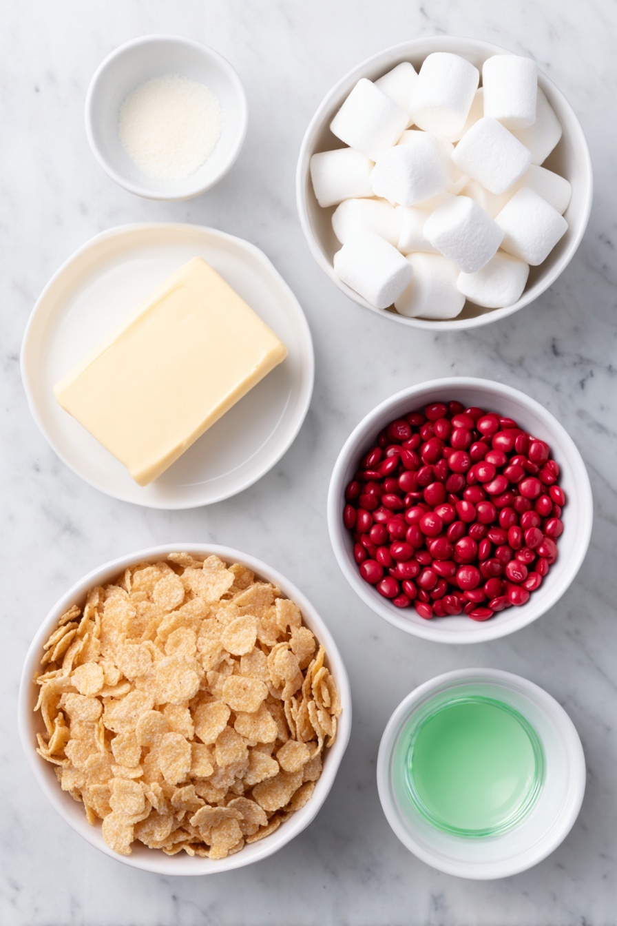 Flat lay of a stick of butter with a smooth pale yellow surface, a small pile of large white marshmallows, a small white bowl filled with vibrant green gel food coloring, a small white bowl containing clear vanilla extract, a simple white ceramic bowl overflowing with golden cornflakes, and a neat small white bowl holding bright red candy-coated chocolates, all arranged symmetrically on a clean white marble surface, soft natural light, photo taken with an iPhone, professional food photography style, fresh ingredients, white ceramic bowls, no bottles, no duplicates, no utensils, no packaging --ar 2:3 --v 7 --p m7354615311229779997 - Christmas Wreath Cookies, festive holiday cookies, easy Christmas dessert, no-bake holiday treats, holiday cookie ideas