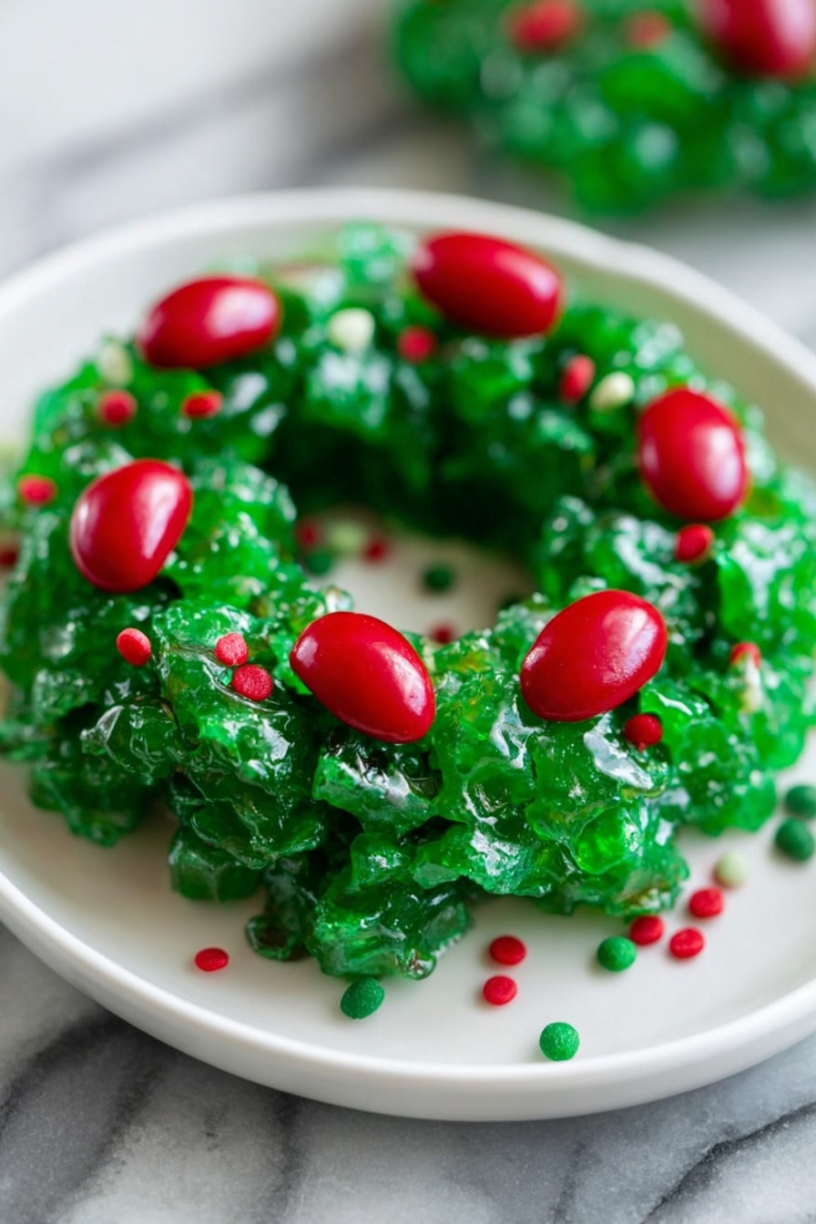 The image shows a small wreath-shaped dessert made of bright green, shiny, sticky pieces tightly packed together. The wreath has a rough and bumpy texture from the uneven pieces stacked to form a complete ring. Scattered on top and around the wreath are smooth, glossy, red candy-like ovals and small sprinkles in red and green, adding spots of color against the green base. The dessert sits on a white plate placed on a white marbled surface. photo taken with an iphone --ar 2:3 --v 7 - Christmas Wreath Cookies, festive holiday cookies, easy Christmas dessert, no-bake holiday treats, holiday cookie ideas
