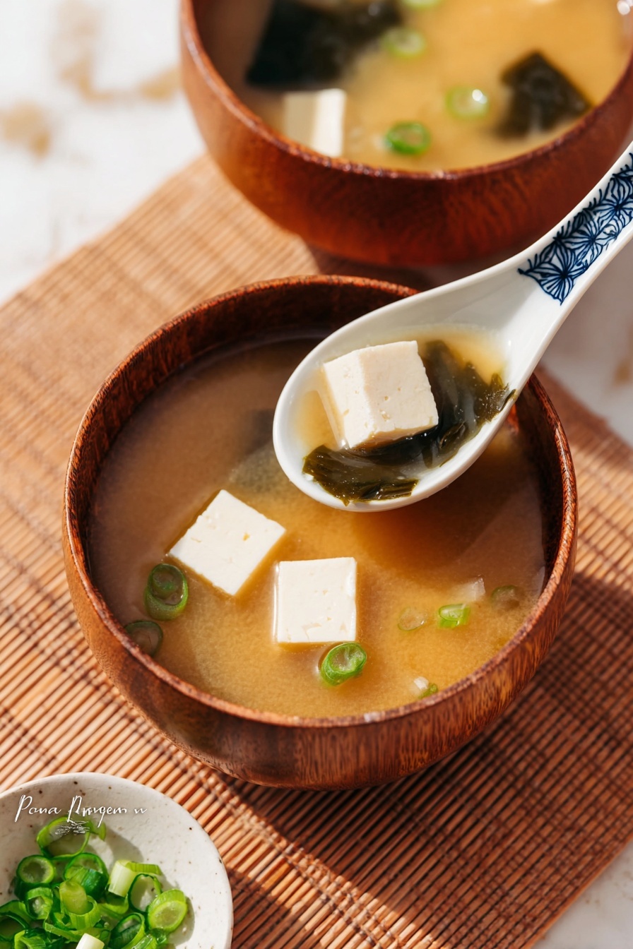 A close-up view of two wooden bowls filled with light brown miso soup. The bowl in the front has three pieces of soft, white tofu floating in the soup along with some small green onion slices and a piece of dark green seaweed. Above this bowl, a white ceramic spoon with a blue rim holds a cube of tofu, some green onions, and a piece of seaweed, all covered in the light brown soup. The background shows the second wooden bowl with tofu cubes and green onions, placed on a light brown textured mat, with a small white dish containing chopped green onions visible at the bottom left corner. The photo is taken on a white marbled surface. Photo taken with an iphone --ar 2:3 --v 7 - Easy Miso Soup, miso soup recipe, Japanese soup, quick miso soup, healthy miso soup