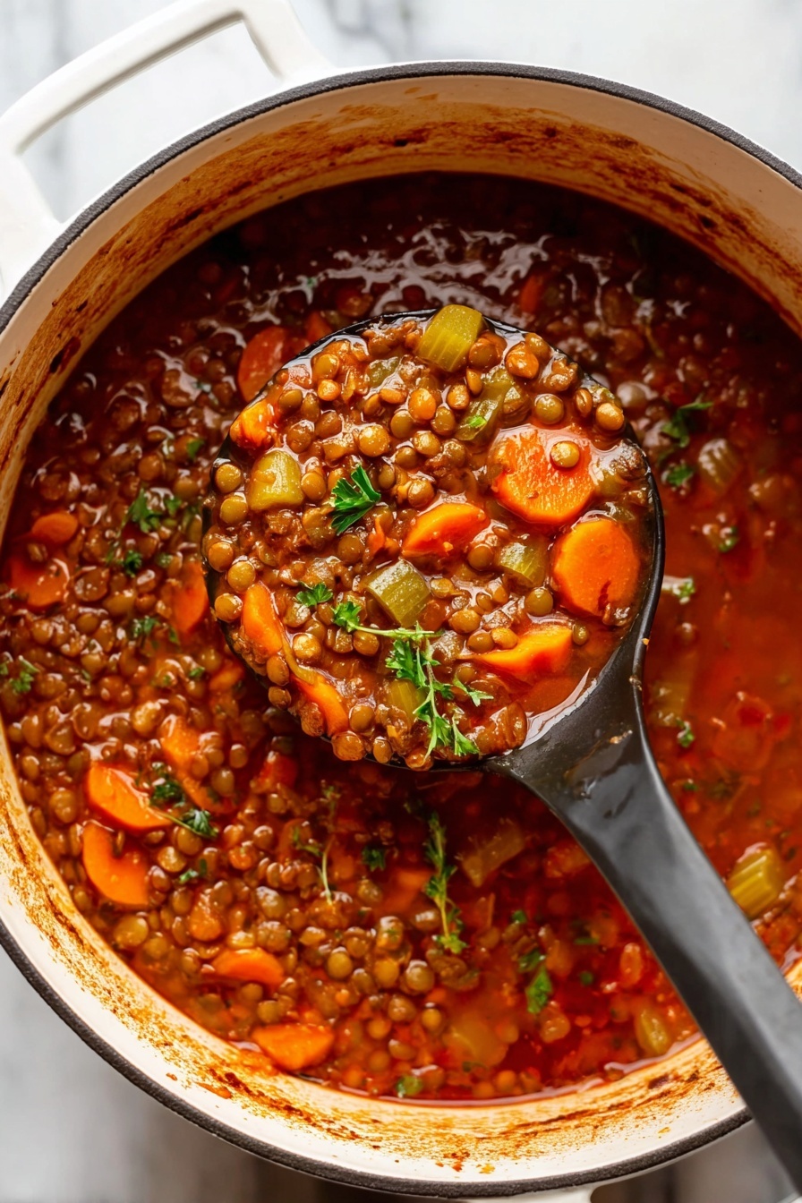 A white pot filled with a thick, rich lentil soup, showing a mix of small brown lentils, orange carrot slices, and green celery pieces immersed in a reddish-brown broth. A black ladle scoops a portion of the soup, highlighting the vibrant colors of the carrots and lentils. Small sprigs of green parsley float on top, adding a fresh touch. The pot rests on a white marbled surface, with some reddish splashes of soup visible on the inner rim of the pot. photo taken with an iphone --ar 2:3 --v 7 - Healthy Lentil Soup, nourishing lentil soup recipe, easy healthy soup, vegetarian lentil soup, wholesome lentil soup dish