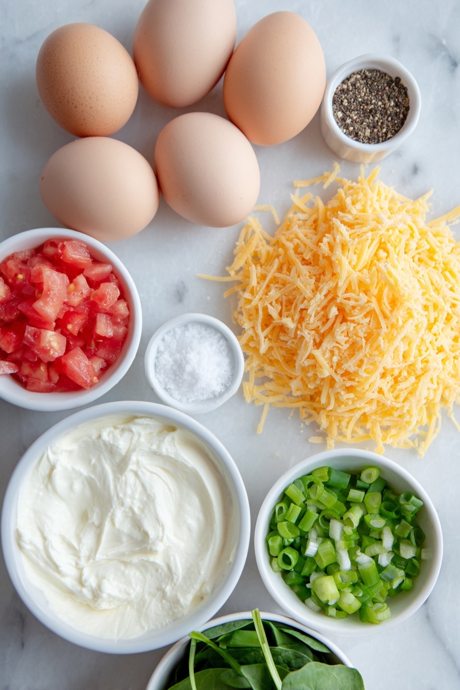 Flat lay of eight whole uncracked brown eggs arranged neatly, a small mound of shredded bright orange cheddar cheese, a small white bowl filled with creamy half-and-half, a small white bowl with fine white salt, a small white bowl containing freshly ground black pepper, a tiny pinch of whole nutmeg next to a small white bowl, a simple white ceramic bowl holding vibrant red diced tomatoes, fresh coarsely chopped deep green baby spinach leaves in a small white bowl, and thinly sliced bright green onions spread evenly in a small white bowl—all placed on a clean white marble surface, soft natural light, photo taken with an iPhone, professional food photography style, fresh ingredients, white ceramic bowls, no bottles, no duplicates, no utensils, no packaging --ar 2:3 --v 7 --p m7354615311229779997 - Easy Oven Egg Bites with Spinach and Tomato, healthy egg bites, protein breakfast ideas, make-ahead breakfast recipes, quick breakfast eggs