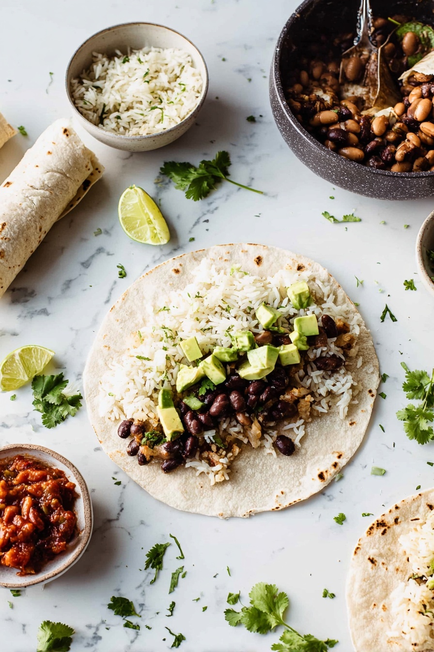 The image shows an open tortilla on a white marbled surface with three layers inside: the bottom layer is white rice mixed with herbs, the middle layer is dark brown cooked beans with small pieces of cooked vegetables, and the top layer consists of light green diced avocado pieces. Near the tortilla, there are two wrapped tortillas with visible cook marks. Around the main tortilla, there are small bowls, one with more white rice mixed with herbs and another with chunky red salsa. Fresh green cilantro leaves, lime halves, and avocado slices are scattered on the surface. A dark bowl filled with cooked beans and vegetables with a spoon is placed in the upper right corner. The photo taken with an iphone --ar 2:3 --v 7 - Black Bean and Rice Burritos, Black Bean and Rice Burritos recipe, hearty vegetarian burritos, easy Mexican dinner, healthy burrito ideas