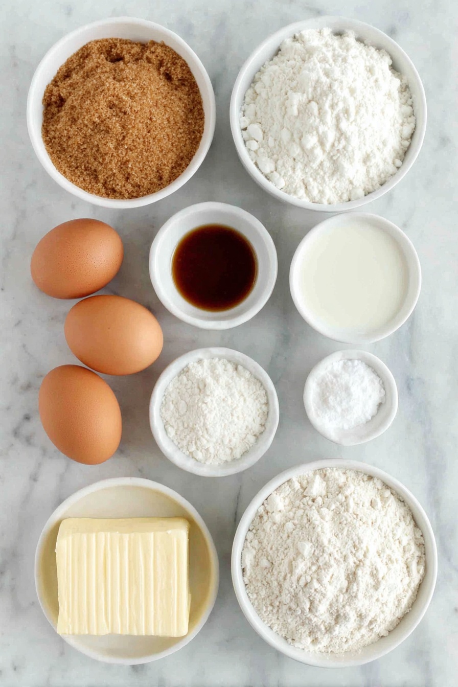 Flat lay of light brown sugar in a small white bowl, unsalted butter at room temperature as a solid golden block, two large whole uncracked brown eggs, a small white bowl of unsulfured molasses with deep amber color, a small white bowl of buttermilk with creamy white liquid, a small white bowl of powdered sugar finely sifted, a small white bowl of meringue powder as fine white granules, a small white bowl of vanilla extract pale golden liquid, ground ginger, ground cinnamon, ground nutmeg, ground cloves, and salt each in separate small white bowls showing their natural powdered textures and colors, a simple white ceramic bowl filled with all-purpose flour showing fine white powder, placed on a clean white marble surface, soft natural light, photo taken with an iPhone, professional food photography style, fresh ingredients, white ceramic bowls, no bottles, no duplicates, no utensils, no packaging --ar 2:3 --v 7 --p m7354615311229779997 - Christmas Gingerbread Cupcakes, gingerbread cupcakes with cream cheese frosting, festive holiday cupcakes, molasses spice cupcakes, Christmas dessert recipes