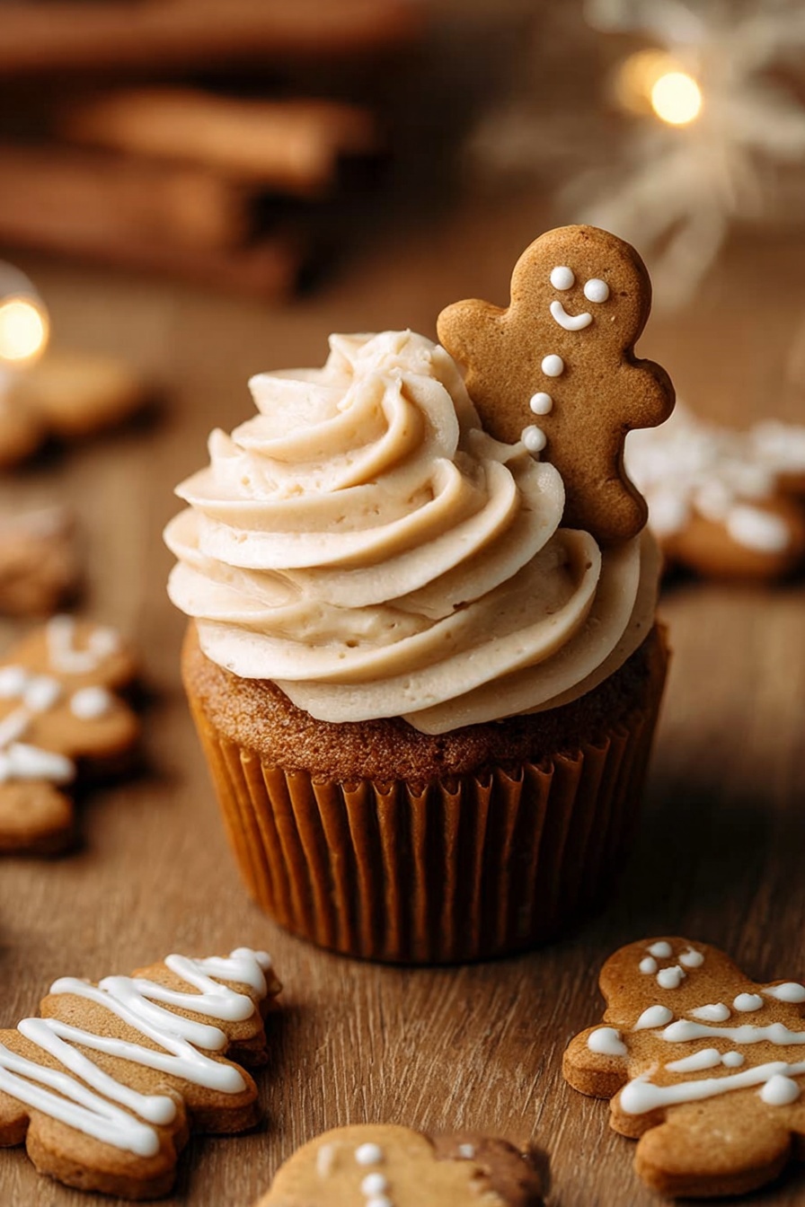 A brown cupcake with a thick layer of light beige frosting swirled on top, decorated with a small gingerbread man cookie partially pressed into the frosting on one side. Around the cupcake, there are several flat gingerbread cookies, including gingerbread men with three small white dots of icing on their bodies and triangular tree-shaped cookies with white icing dots and lines. The background is a warm wooden surface with cinnamon sticks and soft lighting. photo taken with an iphone --ar 2:3 --v 7 - Christmas Gingerbread Cupcakes, gingerbread cupcakes with cream cheese frosting, festive holiday cupcakes, molasses spice cupcakes, Christmas dessert recipes
