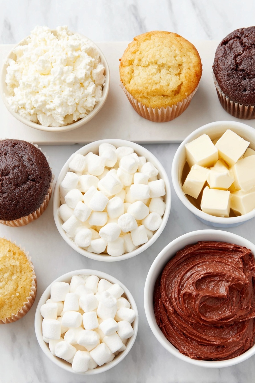 Flat lay of twelve plain cupcakes with golden and chocolate tops, a small white bowl filled with vibrant red frosting, and a scattering of fresh mini marshmallows neatly cut in half, all arranged with clean, natural symmetry on a simple white ceramic plate and bowls, placed on a clean white marble surface, soft natural light, photo taken with an iPhone, professional food photography style, fresh ingredients, white ceramic bowls, no bottles, no duplicates, no utensils, no packaging --ar 2:3 --v 7 --p m7354615311229779997 - Santa Hat Cupcakes with Mini Marshmallows, festive cupcake ideas, holiday cupcake recipes, Christmas cupcake decorations, adorable holiday treats