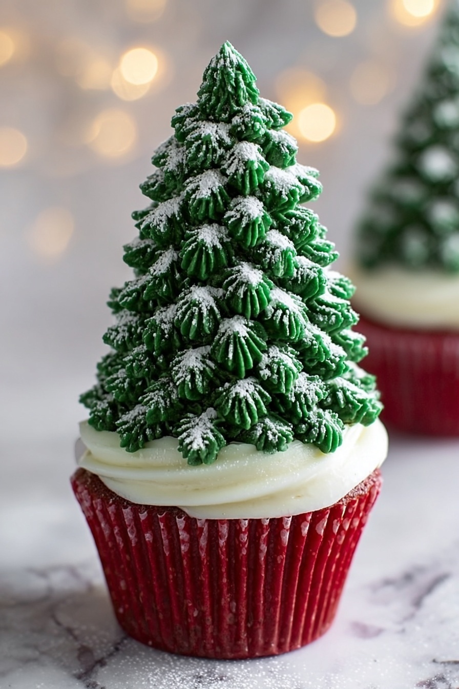 A red cupcake liner holds a cupcake topped with a smooth, thick layer of white frosting that forms a round base. Sitting on top is a tall, cone-shaped Christmas tree made of green frosting piped in layers that look like many small, spiked leaves. The green frosting is dusted with white powder, giving it a snowy effect. The cupcake is placed on a white marbled surface with soft, blurred lights in the background. photo taken with an iphone --ar 2:3 --v 7 - Festive Chocolate Christmas Tree Cupcakes, Christmas Cupcake Ideas, Holiday Dessert Recipes, Christmas Tree Themed Cupcakes, Easy Christmas Cupcake Decorations