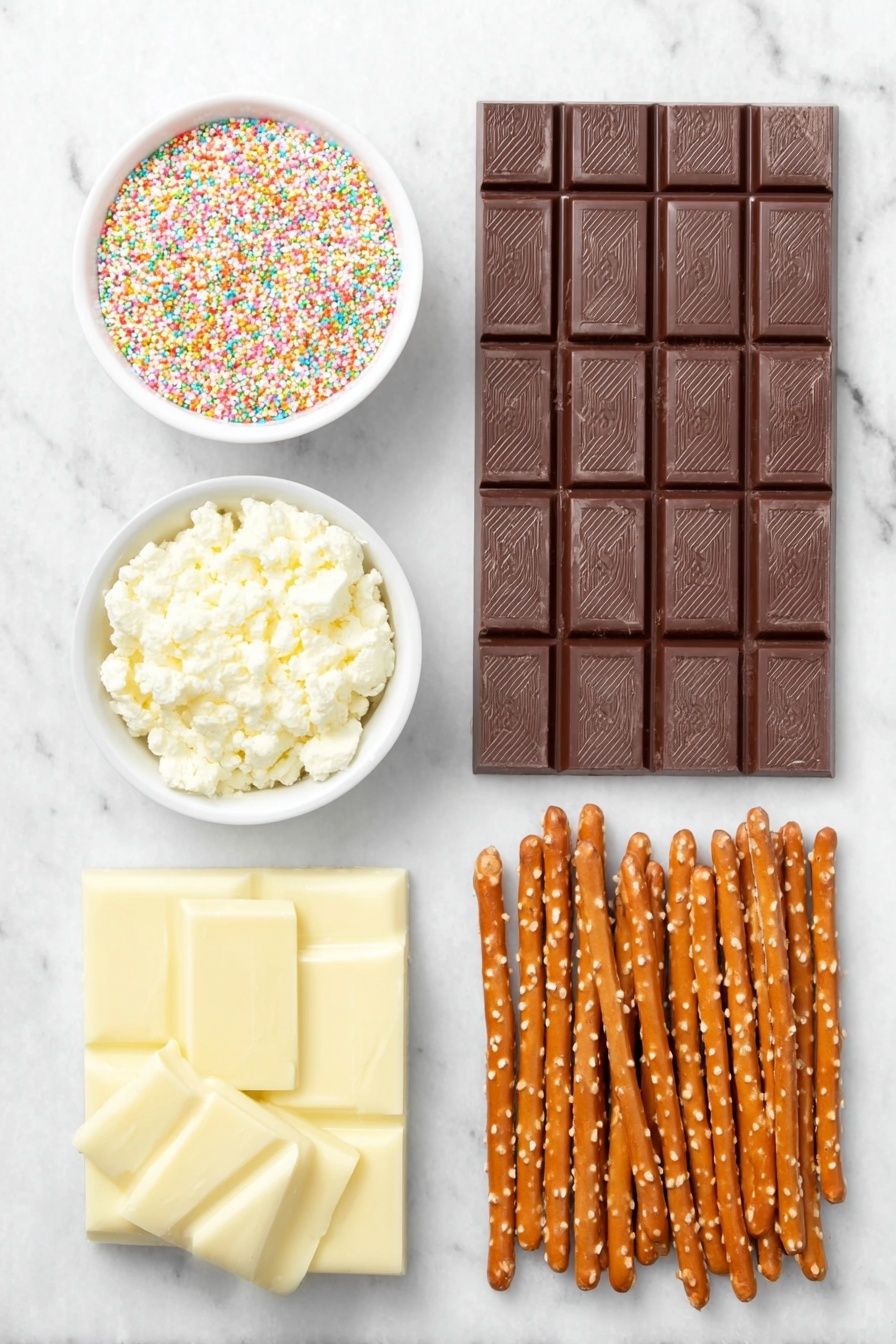 Flat lay of a large piece of shiny dark chocolate bar, a smaller piece of creamy white chocolate bar, a small white ceramic bowl filled with colorful mini round sprinkles, and eight natural pretzel sticks neatly arranged side by side, all placed on a clean white marble surface, soft natural light, photo taken with an iPhone, professional food photography style, fresh ingredients, white ceramic bowls, no bottles, no duplicates, no utensils, no packaging --ar 2:3 --v 7 --p m7354615311229779997 - Holiday Chocolate Trees, festive chocolate trees, holiday treat ideas, easy holiday desserts, Christmas chocolates