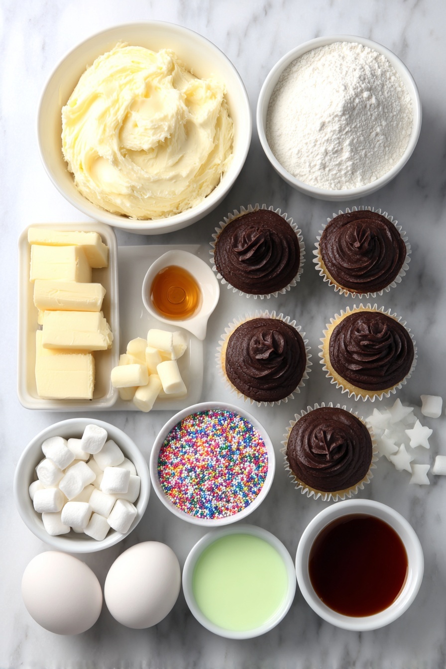 Flat lay of a dozen vanilla cupcakes and chocolate cupcakes with golden brown tops, a large white ceramic bowl filled with creamy pale yellow unsalted butter, a medium white ceramic bowl heaped with fine white powdered sugar, a small white ceramic bowl containing clear heavy cream, a small white ceramic bowl holding amber vanilla extract, a small white ceramic bowl filled with fine white salt crystals, a small white ceramic bowl with vibrant green gel icing, a small white ceramic bowl with deep red gel icing, a small white ceramic bowl with rich brown gel icing, a handful of white marshmallows, smooth milk chocolate chunks for melting, colorful star sprinkles, large white round nonpareil sprinkles, colorful small round nonpareil sprinkles, round red sprinkles, black and orange food pens (visualized as simple black and orange marker tips with no packaging), and whole clean brown eggs placed symmetrically, all arranged with perfect balance and symmetry on a clean white marble surface, soft natural light, photo taken with an iPhone, professional food photography style, fresh ingredients, white ceramic bowls, no bottles, no duplicates, no utensils, no packaging --ar 2:3 --v 7 --p m7354615311229779997 - Christmas Cupcakes with Buttercream Icing, festive cupcake decorating ideas, holiday cupcake recipes, Christmas desserts, easy Christmas cupcake tutorial