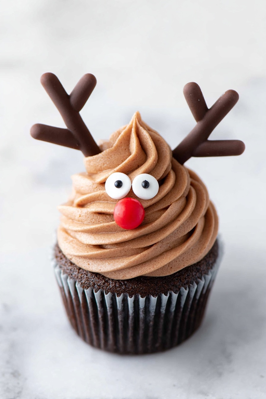 A single chocolate cupcake with three thick, smooth swirls of light brown frosting on top, forming a cone shape. On the frosting, two white candy eyes with small black pupils are placed near the top swirl, and a round red candy is centered below the eyes to resemble a nose. Two dark brown chocolate antlers stick out from each side of the frosting near the base of the top swirl. The cupcake liner is dark and slightly crinkled. It sits on a white marbled surface. photo taken with an iphone --ar 2:3 --v 7 - Christmas Cupcakes with Buttercream Icing, festive cupcake decorating ideas, holiday cupcake recipes, Christmas desserts, easy Christmas cupcake tutorial