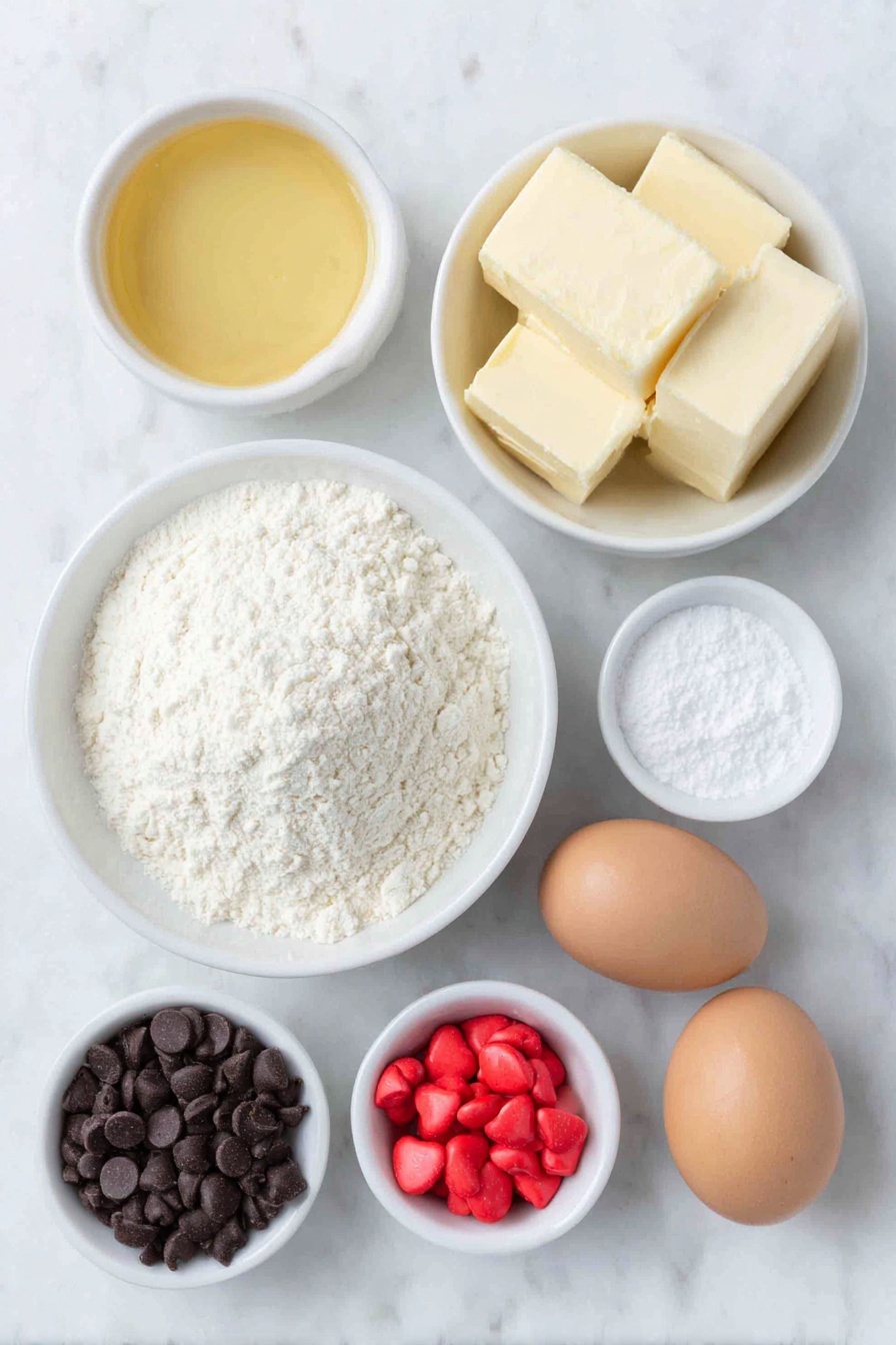 Flat lay of a small pile of white cake mix powder in a simple white ceramic bowl, a small white bowl filled with melted golden butter, two large whole brown eggs with clean shells, a small white bowl of clear vanilla extract, a small white bowl containing vibrant green gel food coloring, a small white bowl holding fine white powdered sugar, a handful of shiny red heart-shaped candies scattered beside a small white bowl of glossy semi-sweet chocolate chips, and a small white bowl with clear coconut oil, all arranged symmetrically and naturally on a clean white marble surface, soft natural light, photo taken with an iPhone, professional food photography style, fresh ingredients, white ceramic bowls, no bottles, no duplicates, no utensils, no packaging --ar 2:3 --v 7 --p m7354615311229779997 - Grinch Crinkle Cookies with Chocolate Faces, festive holiday cookies, easy Grinch cookies recipe, Christmas cookies with chocolate faces, fun holiday dessert ideas