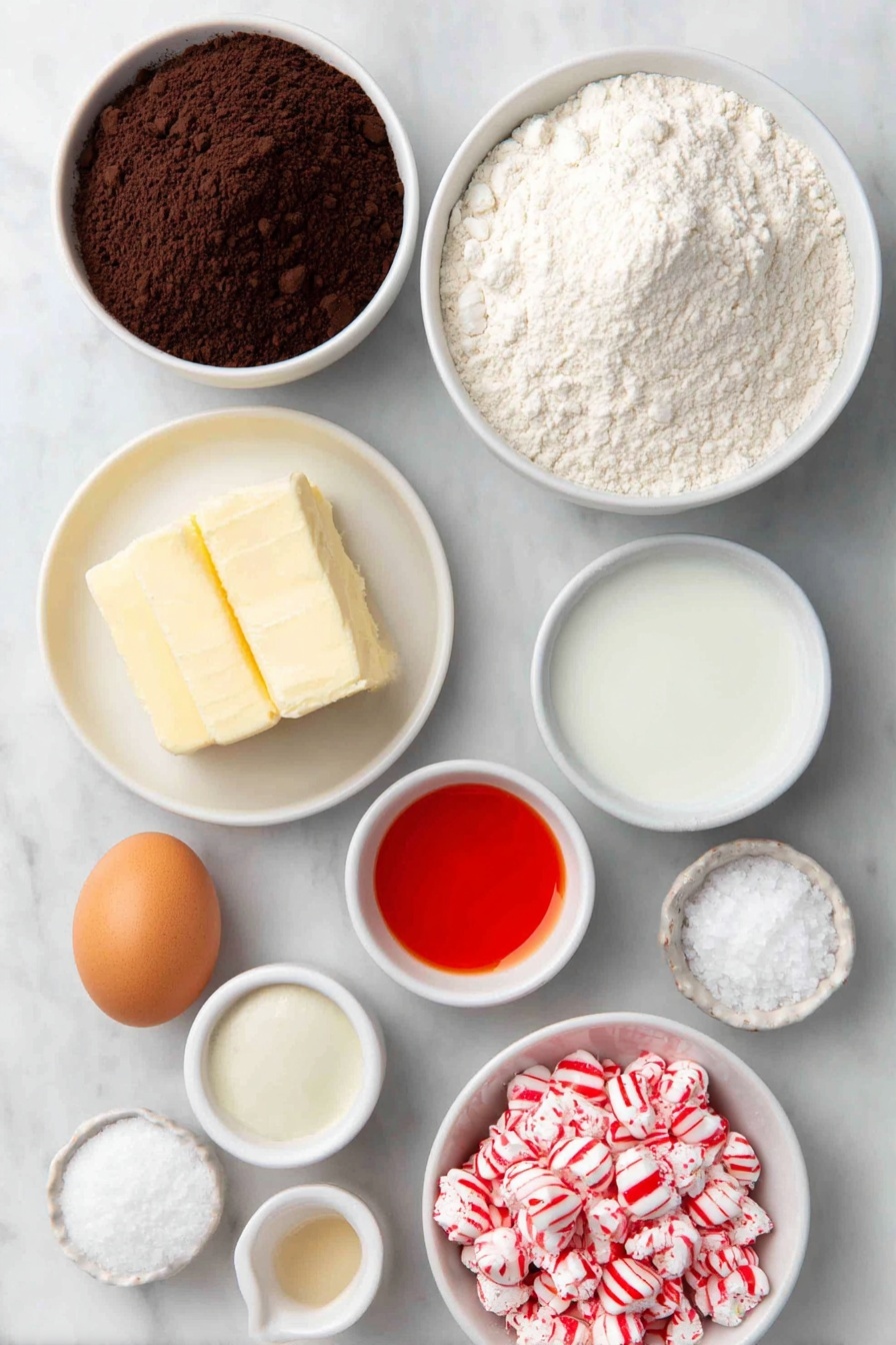 Flat lay of a small mound of all-purpose flour, a small white ceramic bowl of unsweetened cocoa powder, a small white ceramic bowl of baking powder, a small white ceramic bowl of baking soda, a small white ceramic bowl of salt, a half cup of softened unsalted butter in a white ceramic dish, a small pile of granulated sugar on a white ceramic plate, one large whole egg with a clean shell, a small white ceramic bowl of vanilla extract, a small white ceramic bowl containing vibrant red gel food coloring, a small white ceramic bowl of buttermilk, a neat cluster of unwrapped red and silver peppermint candy kisses, and a small white ceramic bowl filled with crushed red and white peppermint candies, all arranged with perfect symmetry and realistic proportions, placed on a clean white marble surface, soft natural light, photo taken with an iPhone, professional food photography style, fresh ingredients, white ceramic bowls, no bottles, no duplicates, no utensils, no packaging --ar 2:3 --v 7 --p m7354615311229779997 - Red Velvet Peppermint Cookies, festive holiday cookies, holiday dessert recipes, peppermint cookie ideas, easy Christmas cookies