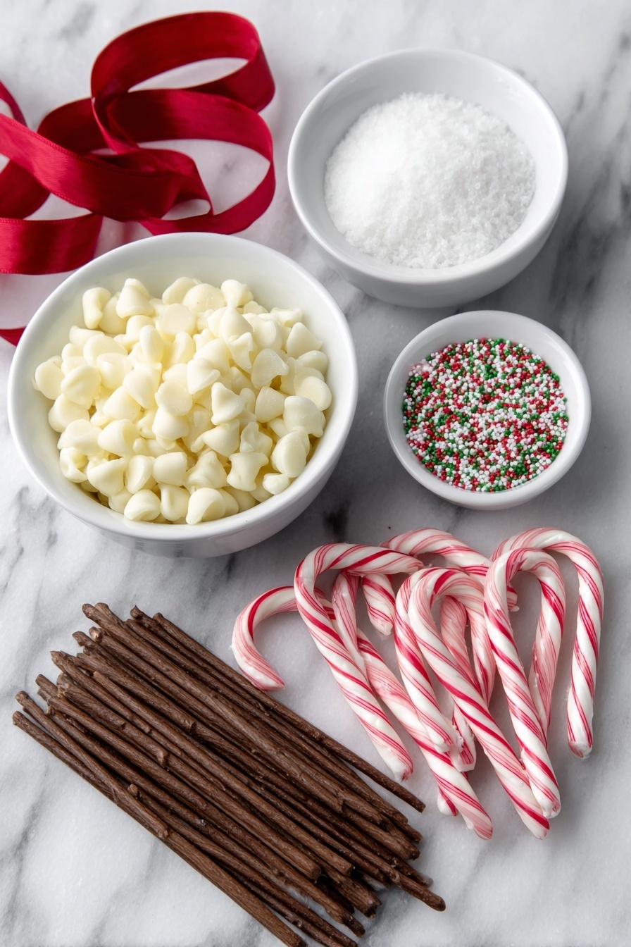 Flat lay of fresh mini candy canes with red and white stripes arranged in heart shapes, a small mound of white chocolate chips in a simple white ceramic bowl, a small white ceramic bowl with clear coconut oil, a cluster of red, green, and white festive holiday sprinkles in a small white ceramic bowl, a neat bundle of plain wooden lollipop sticks placed symmetrically, and a few vibrant red ribbons loosely coiled, all placed on a clean white marble surface, soft natural light, photo taken with an iPhone, professional food photography style, fresh ingredients, white ceramic bowls, no bottles, no duplicates, no utensils, no packaging --ar 2:3 --v 7 --p m7354615311229779997 - Candy Cane Heart Lollipops, holiday candy canes, festive homemade treats, easy Christmas lollipops, kids Christmas crafts
