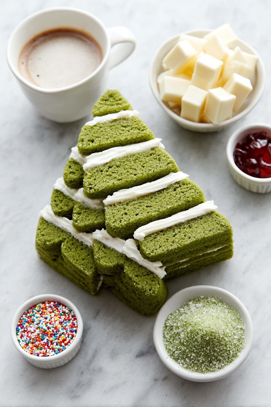 Flat lay of a stack of five fresh Christmas tree shaped cakes with green frosting and white icing layered inside, a small white ceramic bowl filled with smooth white chocolate melts, a small white ceramic bowl of bright red candy melts for drizzling, a small white ceramic bowl of colorful festive sprinkles, and a small white ceramic bowl of sparkling green sanding sugar, all arranged symmetrically on a clean white marble surface, soft natural light, photo taken with an iPhone, professional food photography style, fresh ingredients, white ceramic bowls, no bottles, no duplicates, no utensils, no packaging --ar 2:3 --v 7 --p m7354615311229779997 - Christmas Tree Cake Truffles, festive holiday treats, easy Christmas desserts, holiday party chocolates, Christmas baking ideas