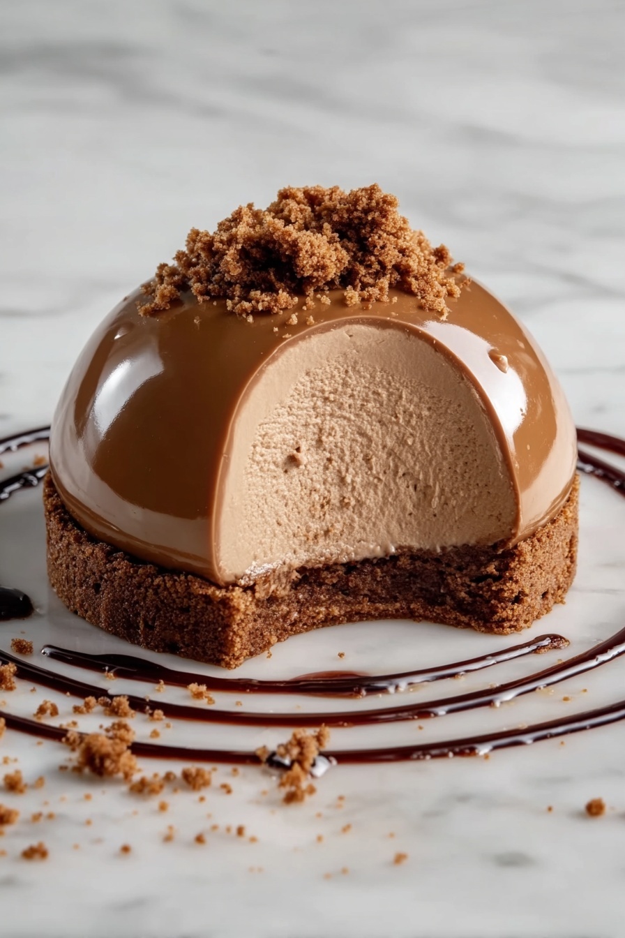 The image shows a dome-shaped dessert with three visible layers, placed on a white marbled surface. The bottom layer is a dark brown, crumbly cookie base. The middle layer is a smooth, lighter brown mousse that fills most of the dome. The top layer is a shiny and slightly darker brown glaze covering the mousse. Around the dome, there is a ring of dark chocolate sauce with crumbs scattered on and near it. Photo taken with an iphone --ar 2:3 --v 7 - Chocolate Gingerbread Latte Mousse Domes, gingerbread mousse dessert, festive chocolate mousse, holiday mousse domes, gingerbread latte sweets