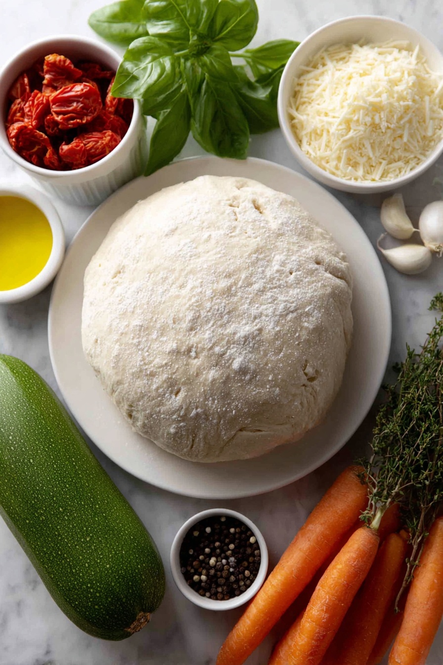 Flat lay of a smooth, unbaked pale pie crust disk on a simple white ceramic plate, a small white bowl with bright red sun-dried tomatoes, a small white bowl containing fresh shiny basil leaves, two whole uncracked garlic cloves with smooth white skins, a small white bowl filled with golden olive oil, a small white bowl holding finely shredded pale parmesan cheese, a fresh large zucchini with glossy dark green skin, a large yellow squash with vibrant yellow skin, three medium carrots with bright orange color and fresh green tops, a small white bowl with mixed fresh rosemary, thyme, and oregano sprigs, a small white bowl of coarse salt crystals, and a small white bowl of whole black peppercorns, all arranged in perfect symmetry, with natural soft light highlighting the freshness, placed on a clean white marble surface, soft natural light, photo taken with an iPhone, professional food photography style, fresh ingredients, white ceramic bowls, no bottles, no duplicates, no utensils, no packaging --ar 2:3 --v 7 --p m7354615311229779997 - Vegetable Spiral Tart, veggie tart with sundried tomato pesto, colorful vegetable tart recipe, easy vegetable tart for holidays, vegetarian spiral tart