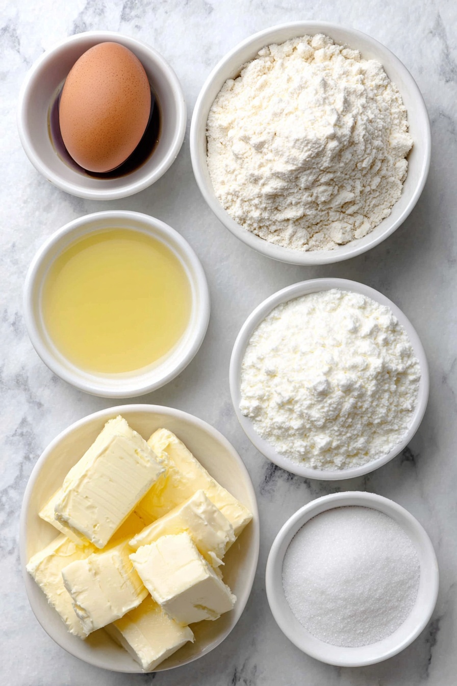 Flat lay of a small mound of all-purpose flour, a small white ceramic bowl filled with powdered sugar, a small white ceramic bowl with granulated sugar, a portion of softened unsalted butter, a single whole large egg with a clean shell, a small white ceramic bowl with clear vanilla extract liquid, a small white ceramic bowl with almond extract liquid, and a small white ceramic bowl of salt, all arranged in perfect symmetry on a clean white marble surface, soft natural light, photo taken with an iPhone, professional food photography style, fresh ingredients, white ceramic bowls, no bottles, no duplicates, no utensils, no packaging --ar 2:3 --v 7 --p m7354615311229779997 - Snowflake Cookie, winter holiday cookies, buttery snowflake cookies, festive Christmas cookies, delicate holiday treats