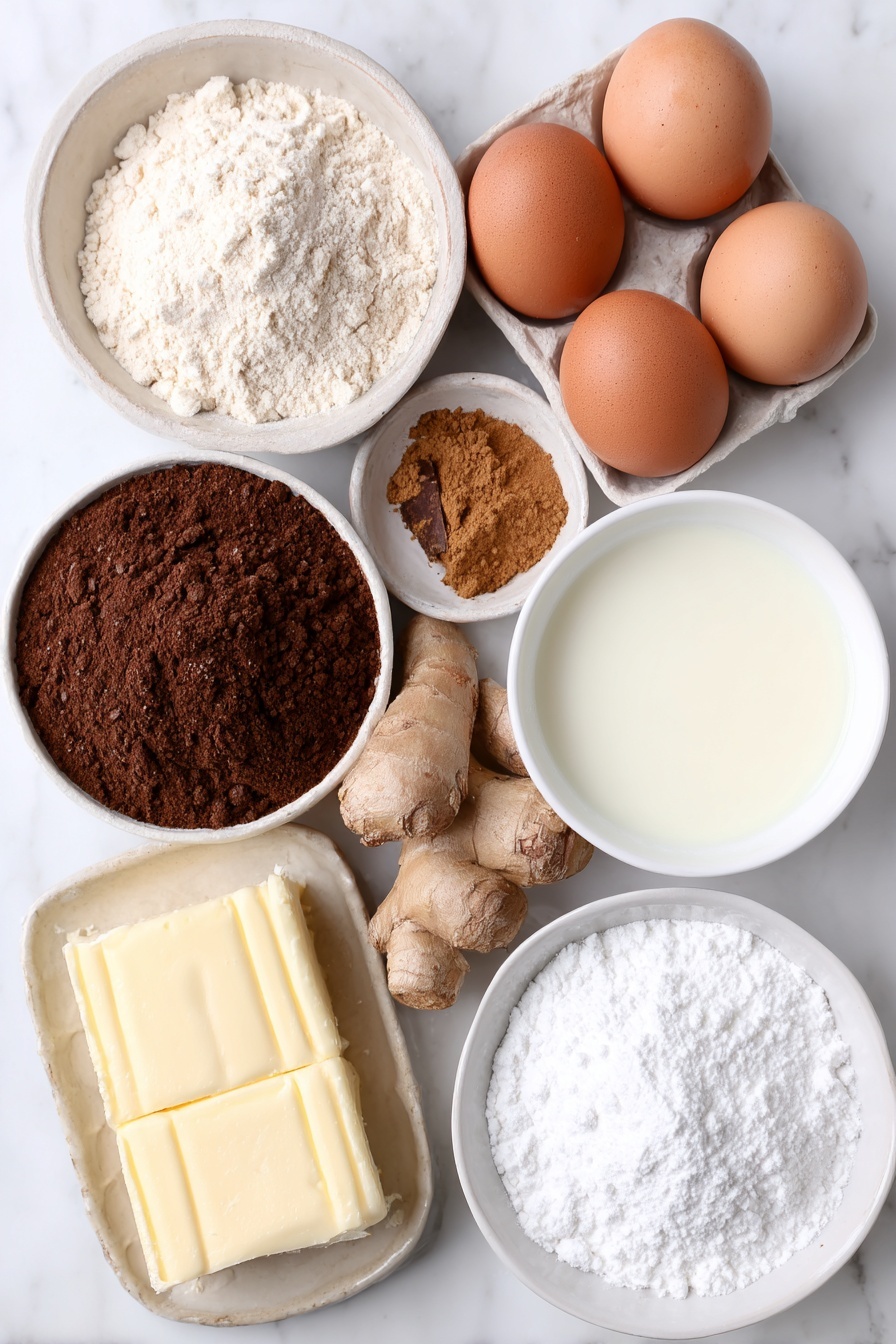 Flat lay of a small mound of all-purpose flour, a neat pile of dark brown sugar, a few warm brown ground ginger roots, a cinnamon stick and a small pile of ground cinnamon powder, a tiny heap of ground cloves, a pinch of salt crystals, whole uncracked brown eggs, a slab of unsalted butter, a small white ceramic bowl filled with glossy molasses, a small white bowl with fresh milk, a bowl of sifted powdered sugar, and a small white bowl of clear vanilla extract placed on a clean white marble surface, soft natural light, photo taken with an iPhone, professional food photography style, fresh ingredients, white ceramic bowls, no bottles, no duplicates, no utensils, no packaging --ar 2:3 --v 7 --p m7354615311229779997 - Festive Gingerbread Man Cookies, holiday gingerbread cookies, easy gingerbread cookies, Christmas cookies recipes, homemade gingerbread men