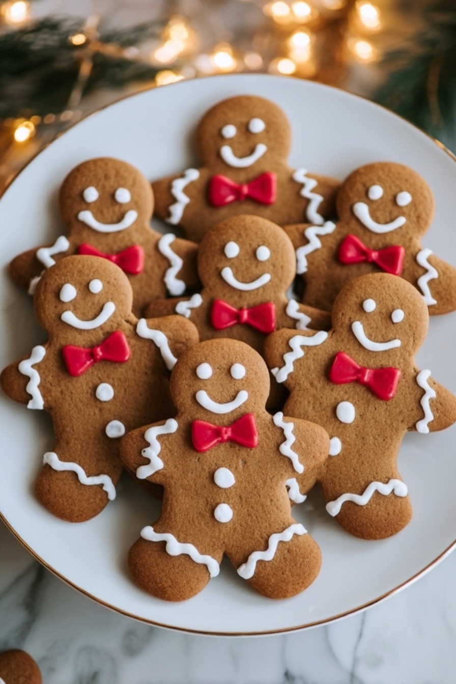 A white plate filled with several gingerbread cookies shaped like smiling people, each decorated with white icing outlining their heads, arms, and legs. They have three white buttons down the front and red bow ties made of icing. The cookies have a light brown color and smooth texture with clear details on the icing that looks slightly raised. The plate rests on a white marbled surface with soft golden lights blurred in the background, creating a warm and festive feeling. photo taken with an iphone --ar 2:3 --v 7 - Festive Gingerbread Man Cookies, holiday gingerbread cookies, easy gingerbread cookies, Christmas cookies recipes, homemade gingerbread men