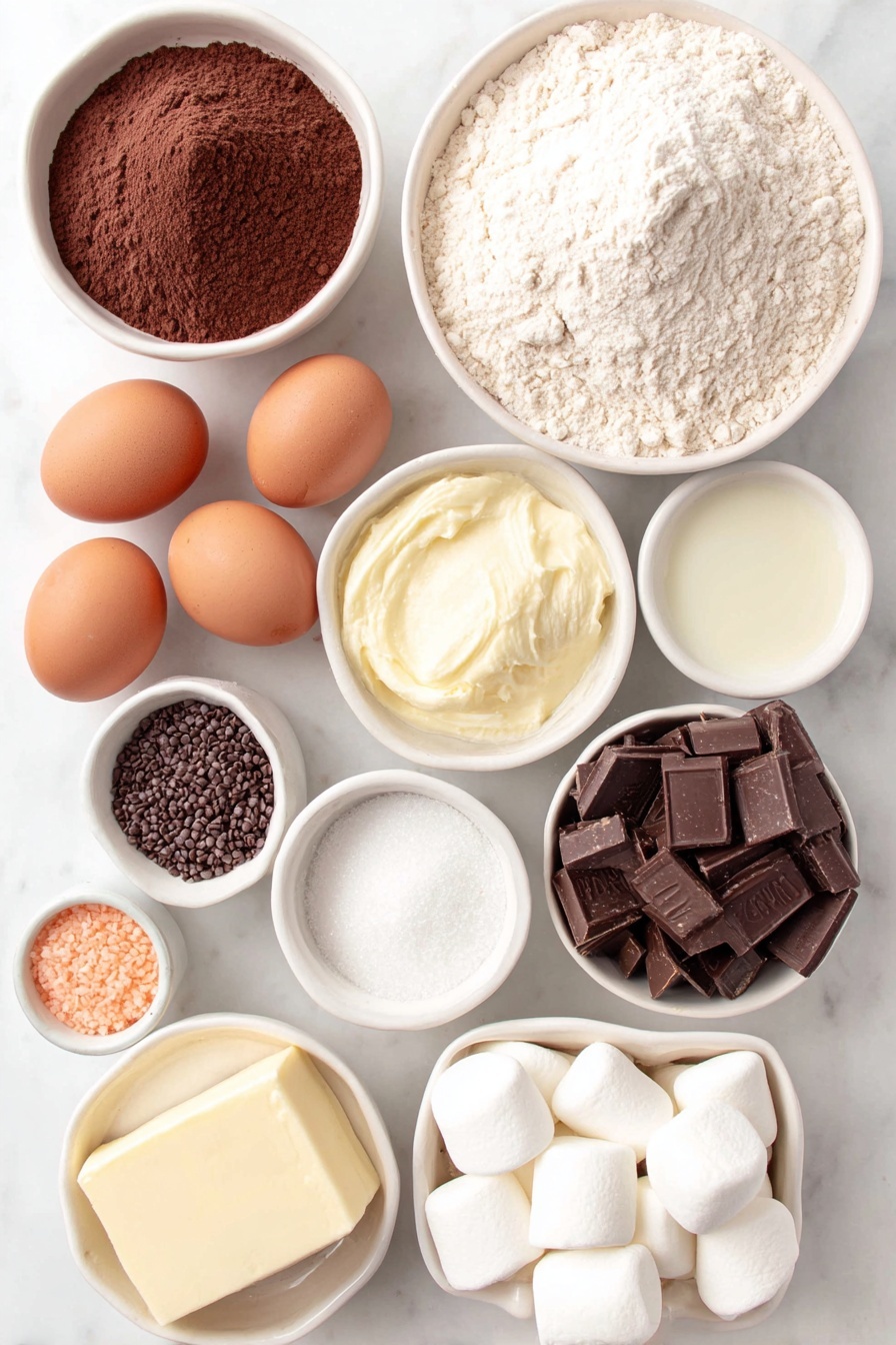 Flat lay of a small mound of all-purpose flour, a small heap of natural cocoa powder, a teaspoon of fine salt in a tiny white bowl, a half cup of unsalted butter in a small white bowl, two whole brown eggs with clean shells, a small white bowl of granulated sugar, a small white bowl of packed light brown sugar, a small white bowl of whole milk, a small white bowl of pure vanilla extract, a small white bowl of sifted powdered sugar, a small white bowl of heavy cream, twelve large white marshmallows, a small white bowl with dark chocolate sprinkles, twelve small orange candy-coated chocolates, twenty-four mini pretzel sticks halved, and thirty-six regular chocolate chips, all arranged symmetrically and balanced, placed on a clean white marble surface, soft natural light, photo taken with an iPhone, professional food photography style, fresh ingredients, white ceramic bowls, no bottles, no duplicates, no utensils, no packaging --ar 2:3 --v 7 --p m7354615311229779997 - Snowman Cupcake Muffins, festive holiday cupcakes, winter dessert ideas, chocolate muffin recipes, kids holiday treats