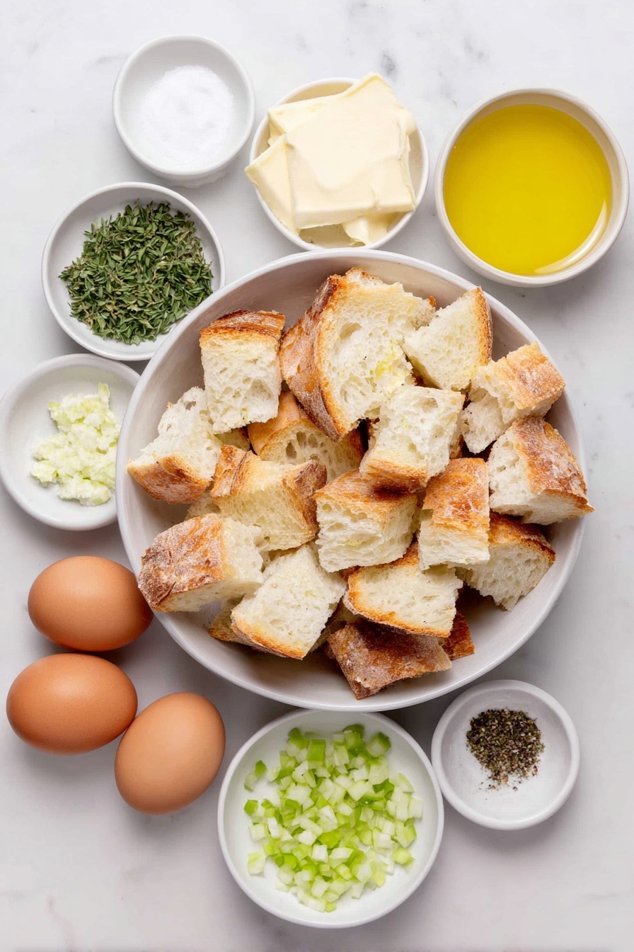 Flat lay of cubed toasted Texas toast bread piled loosely in a large white ceramic bowl, a small white ceramic bowl of melted unsalted butter, diced white onion in a neat pile, sliced celery stalks arranged in a small cluster, a small white ceramic bowl of minced fresh garlic, fresh sage leaves scattered beside minced fresh sage in a small white ceramic bowl, a small pile of minced fresh parsley, three whole brown eggs with clean shells, a small white ceramic bowl filled with golden chicken broth, a small white ceramic bowl of minced fresh thyme, a small white ceramic bowl of kosher salt crystals, a small white ceramic bowl with freshly cracked black pepper grains, all ingredients spaced evenly and symmetrically, placed on a clean white marble surface, soft natural light, photo taken with an iPhone, professional food photography style, fresh ingredients, white ceramic bowls, no bottles, no duplicates, no utensils, no packaging --ar 2:3 --v 7 --p m7354615311229779997 - Homemade Stuffing with Fresh Herbs, savory stuffing recipe with herbs, holiday stuffing idea, easy homemade stuffing, flavorful stuffing with herbs