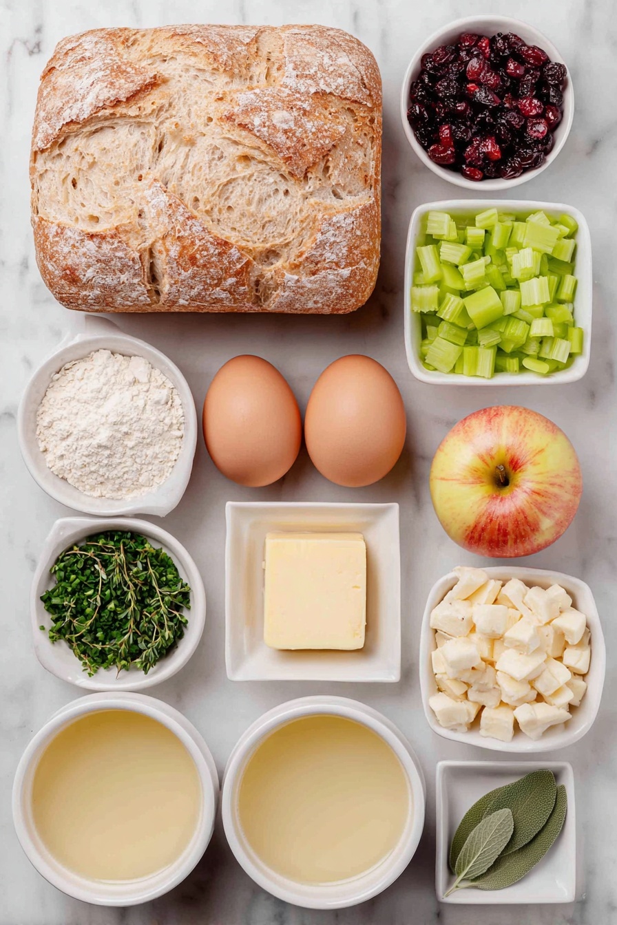 Flat lay of a small rustic loaf of artisan sourdough bread cut into cubes scattered loosely, a few bright green celery stalks diced finely, a small mound of diced yellow onion, two whole uncracked brown eggs with clean shells, a few Honeycrisp apples diced showing their red and yellow skin, a handful of glossy dried cranberries, a small pile of chopped flat leaf parsley, a small bunch of fresh thyme sprigs with tiny green leaves, a few fresh rosemary sprigs with needle-like leaves, a few fresh sage leaves finely chopped showing their soft texture, a small square pat of unsalted butter, and two small white ceramic bowls filled with pale golden chicken broth and diced butter respectively, all arranged symmetrically and naturally on a clean white marble surface, soft natural light, photo taken with an iPhone, professional food photography style, fresh ingredients, white ceramic bowls, no bottles, no duplicates, no utensils, no packaging --ar 2:3 --v 7 --p m7354615311229779997 - Cranberry Apple Stuffing, cranberry apple stuffing, holiday stuffing with cranberries and apples, autumn stuffing recipe, savory sweet stuffing