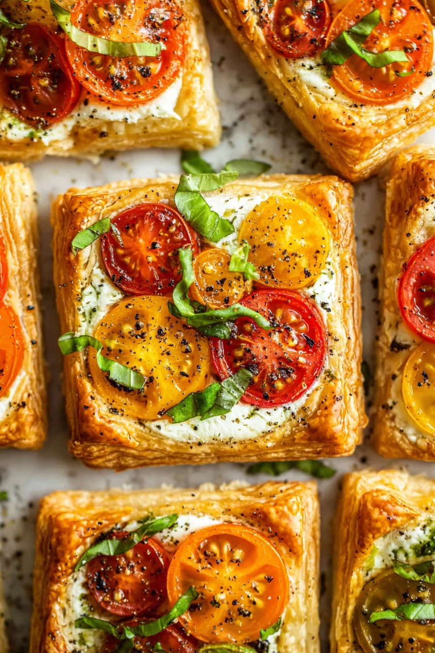 The image shows several square puff pastry tarts arranged close together on a white marbled surface. Each tart has a golden-brown, flaky crust with raised edges creating a border. Inside the border is a creamy white cheese layer that looks soft and smooth. On top, there are halved cherry tomatoes in red, orange, and yellow colors, slightly roasted with a light char, placed evenly. Thin strips of fresh green basil are scattered over the tomatoes, adding a fresh touch. The tarts are sprinkled with black pepper, adding small dark specks contrast to the bright colors. The lighting highlights the shiny, crisp texture of the puff pastry and the vibrant colors of the tomatoes. photo taken with an iphone --ar 2:3 --v 7 - Tomato Ricotta Puff Pastry Tartlets, savory puff pastry appetizer, easy tomato tartlets, roasted tomato tartlets, quick vegetarian appetizers