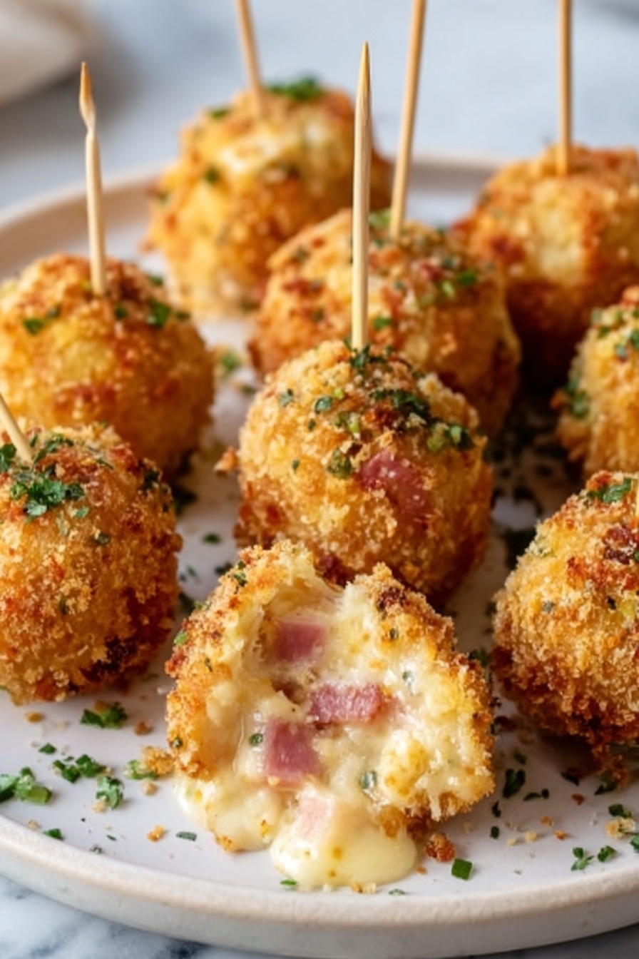 The image shows a white plate on a white marbled surface filled with golden brown crispy balls. Each ball is coated in crunchy breadcrumbs, and one ball in the front is cut open to show a creamy inside with small pieces of pink ham and melted cheese. Toothpicks stick out from the top of each ball, making them easy to pick up. Some green herbs are sprinkled around the plate for decoration. photo taken with an iphone --ar 2:3 --v 7 - Chicken Cordon Bleu Bites, Chicken Cordon Bleu appetizer, easy chicken bites, ham and Swiss cheese bites, crispy chicken appetizer