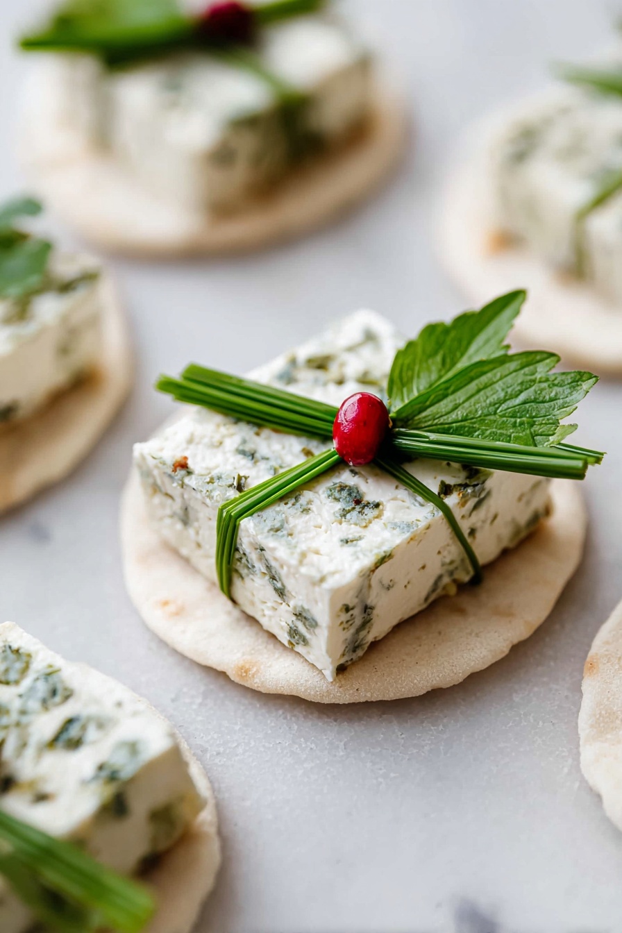 The image shows small round white flatbreads as the base, each topped with a square piece of white cheese speckled with herbs. On top of the cheese, there is a green decoration made of two chive stalks crossed like a ribbon, holding a small green leaf and a single small red berry in the center, making it look like a tiny wrapped gift. The flatbreads and cheese have soft, smooth textures, while the herbs and leaves add fresh green details. These bites are arranged on a white marbled surface in a close-up shot. photo taken with an iphone --ar 2:3 --v 7 - Festive Goat Cheese Appetizer Bites, holiday goat cheese starters, Christmas-themed appetizers, easy holiday party snacks, Christmas Present appetizer idea