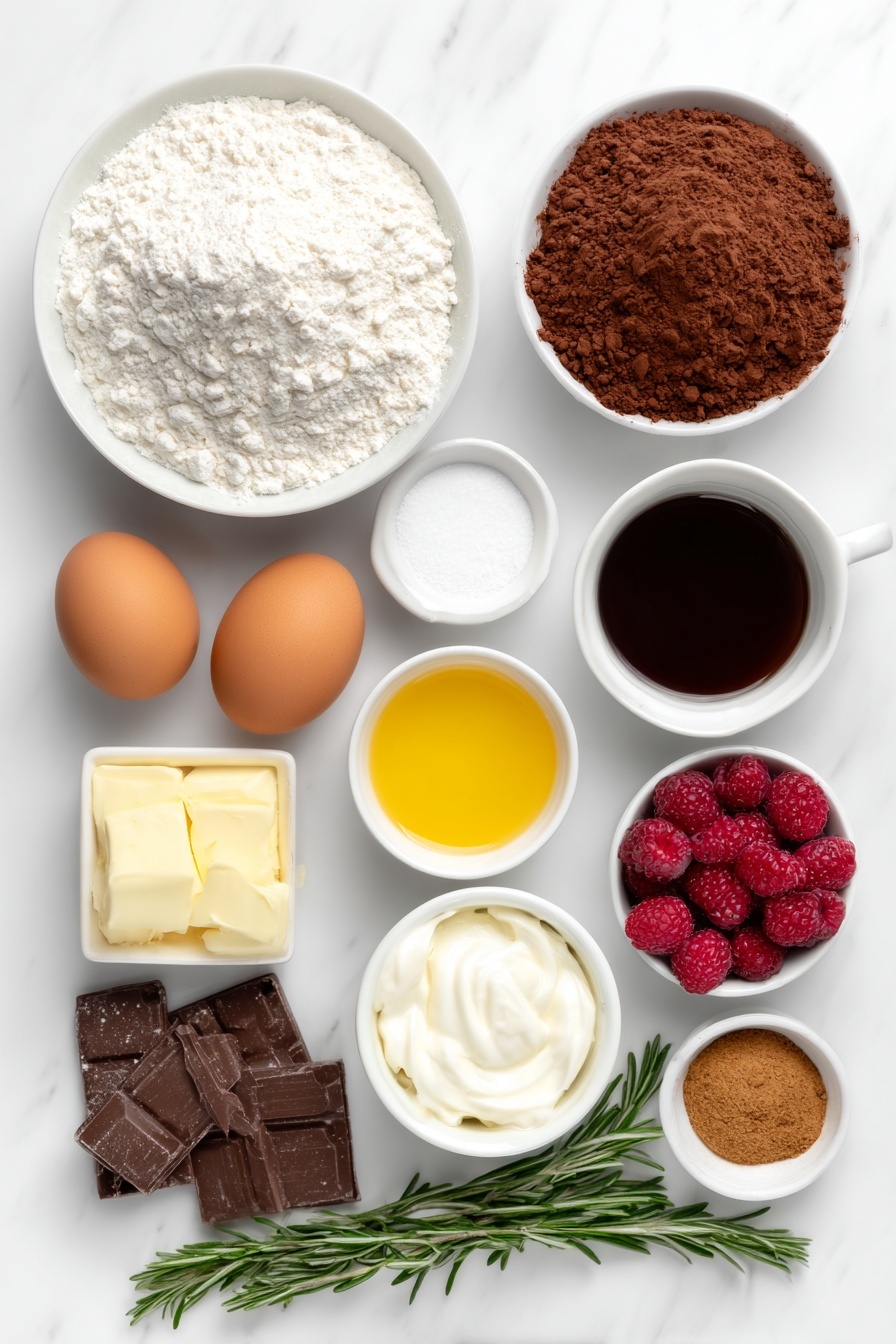 Flat lay of a small pile of all-purpose flour on a white ceramic plate, a small mound of granulated sugar in a white ceramic bowl, a heap of rich cocoa powder on a white ceramic dish, two whole brown eggs with clean shells, a small white bowl of creamy buttermilk, a small white bowl of thick sour cream, a small white bowl containing golden sunflower oil, a small white bowl of dark brewed coffee, chopped pieces of smooth milk chocolate, a sprinkle of lebkuchen spice powder on a white ceramic dish, a pinch of baking soda and baking powder on a small white bowl, a small pile of fine salt on a white ceramic dish, a handful of fresh cranberries and raspberries arranged neatly, and a few fresh rosemary stems placed symmetrically, all arranged with perfect balance and symmetry, placed on a clean white marble surface, soft natural light, photo taken with an iPhone, professional food photography style, fresh ingredients, white ceramic bowls, no bottles, no duplicates, no utensils, no packaging --ar 2:3 --v 7 --p m7354615311229779997 - Gingerbread Chocolate Bundt Cake, festive holiday cake, spiced chocolate cake, moist gingerbread cake, holiday dessert recipes