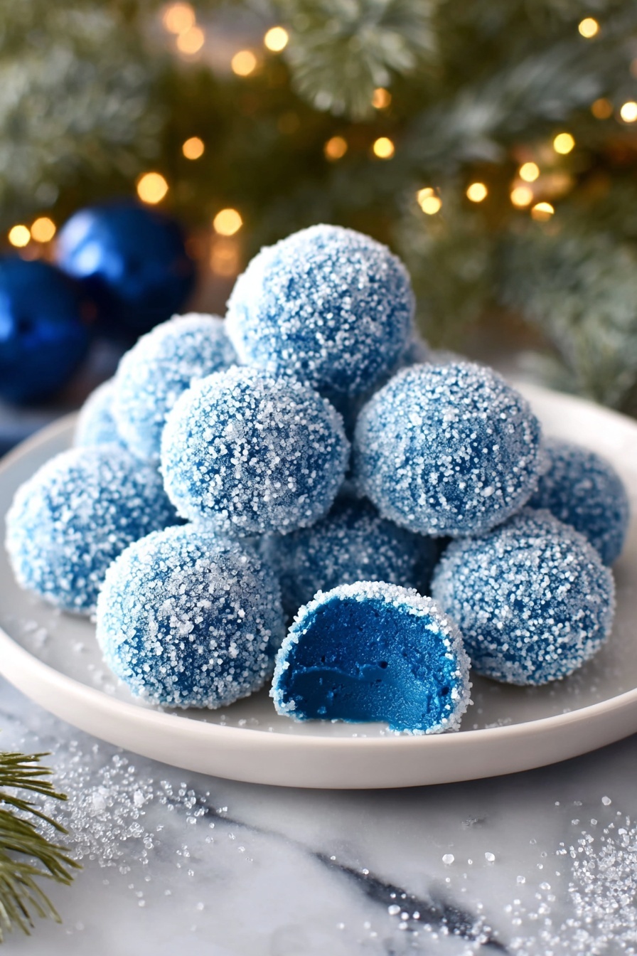 A white plate holds a pile of round blue treats covered in sparkling white sugar crystals, creating a glittery texture. One treat in the front has a bite taken out of it, showing a smooth, solid blue inside layer that matches the outer color. The plate sits on a white marbled surface with a few scattered sparkling bits around it, and the background includes blurred green pine branches and warm lights creating a cozy feel. Photo taken with an iphone --ar 2:3 --v 7 - Blue Curacao White Chocolate Truffles, white chocolate truffles, citrus flavored truffles, easy truffles recipes, elegant chocolate treats