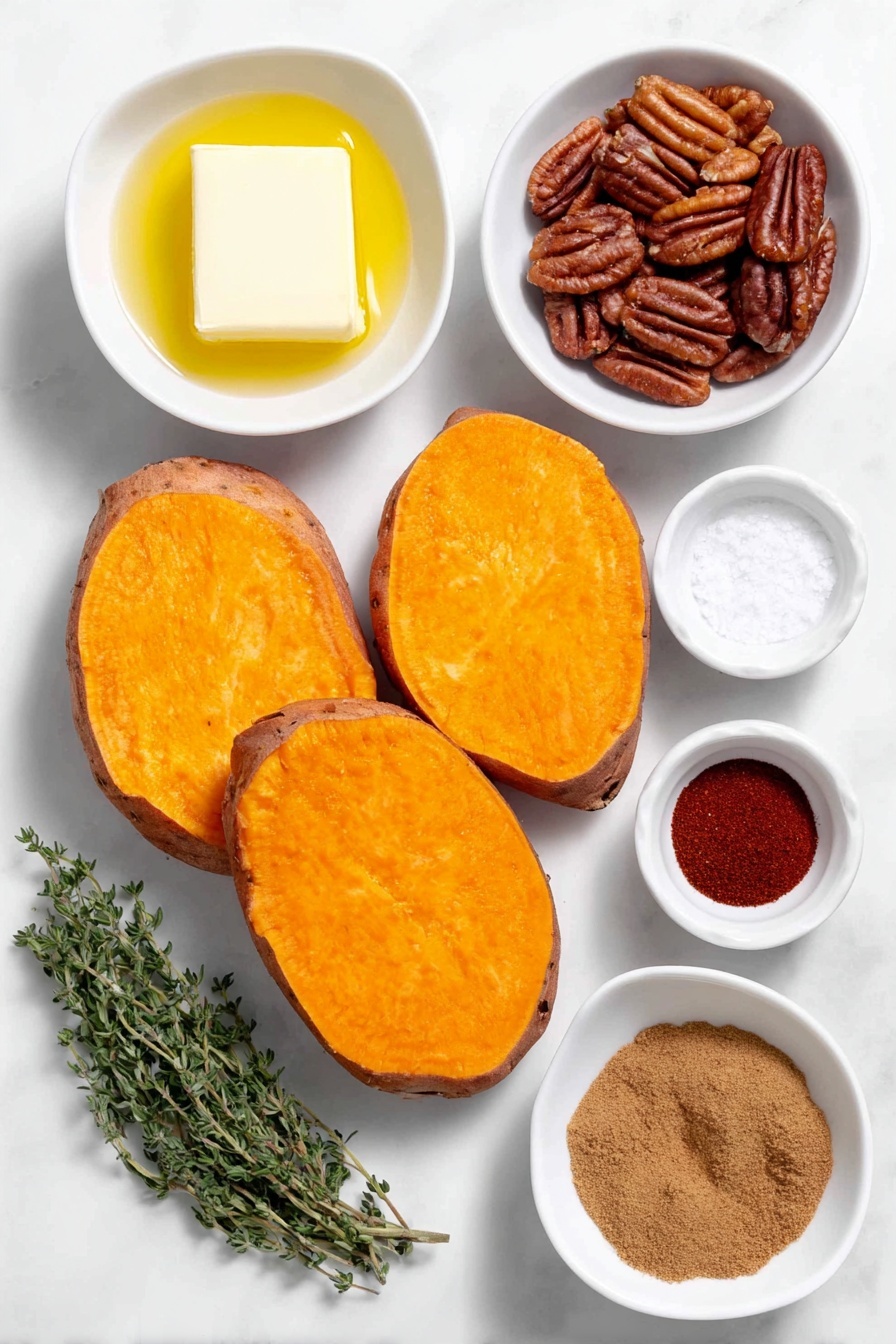 Flat lay of two large sweet potatoes sliced into thick rounds with bright orange flesh, a small white ceramic bowl of golden melted butter, a small white ceramic bowl filled with warm brown cinnamon powder, a small white ceramic bowl containing coarse salt crystals, a small white ceramic bowl with deep red paprika powder, a small white ceramic bowl of freshly ground black pepper, a small white ceramic bowl holding amber maple syrup, a small white ceramic bowl of chopped pecans with their natural brown shells and texture, and a few fresh green thyme sprigs arranged neatly, all placed on a clean white marble surface, soft natural light, photo taken with an iPhone, professional food photography style, fresh ingredients, white ceramic bowls, no bottles, no duplicates, no utensils, no packaging --ar 2:3 --v 7 --p m7354615311229779997 - Maple Pecan Roasted Sweet Potatoes, roasted sweet potato sides, sweet potato recipes with maple syrup, holiday sweet potato side dish, easy sweet potato recipes