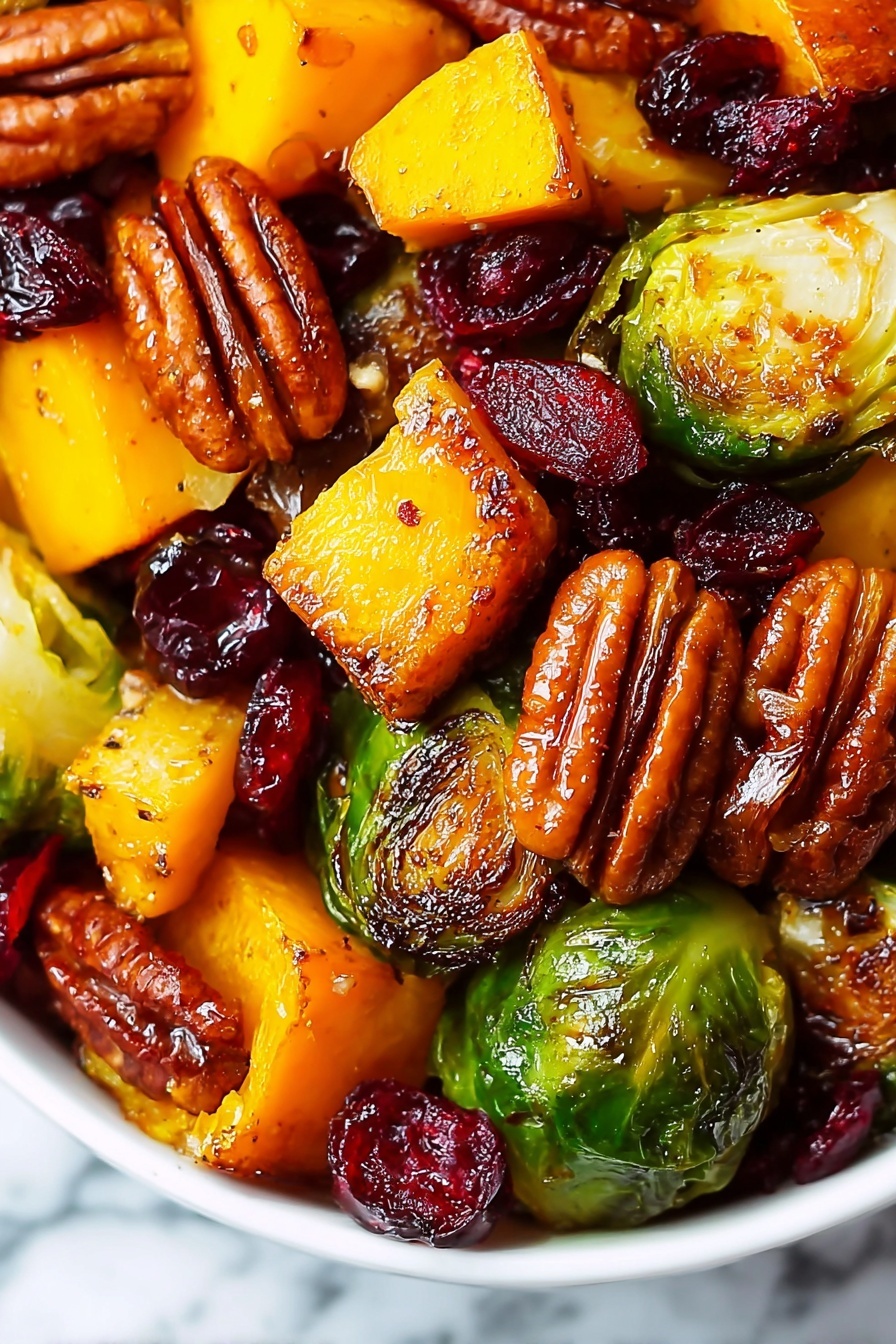 The image shows a close-up of roasted vegetables and nuts in a white bowl. There are bright yellow-orange chunks with a soft texture, roasted green Brussels sprouts with dark brown charred spots, glossy pecans with a smooth ridged surface, and shiny dark red dried cranberries scattered throughout. The colors are warm and rich with a mix of textures from soft to crunchy. The dish looks moist and well-seasoned. The background is a white marbled texture. photo taken with an iphone --ar 2:3 --v 7 - Roasted Brussels Sprouts and Butternut Squash Salad, fall vegetable salad, healthy roasted vegetable salad, seasonal vegetable salad, easy roasted vegetable salad