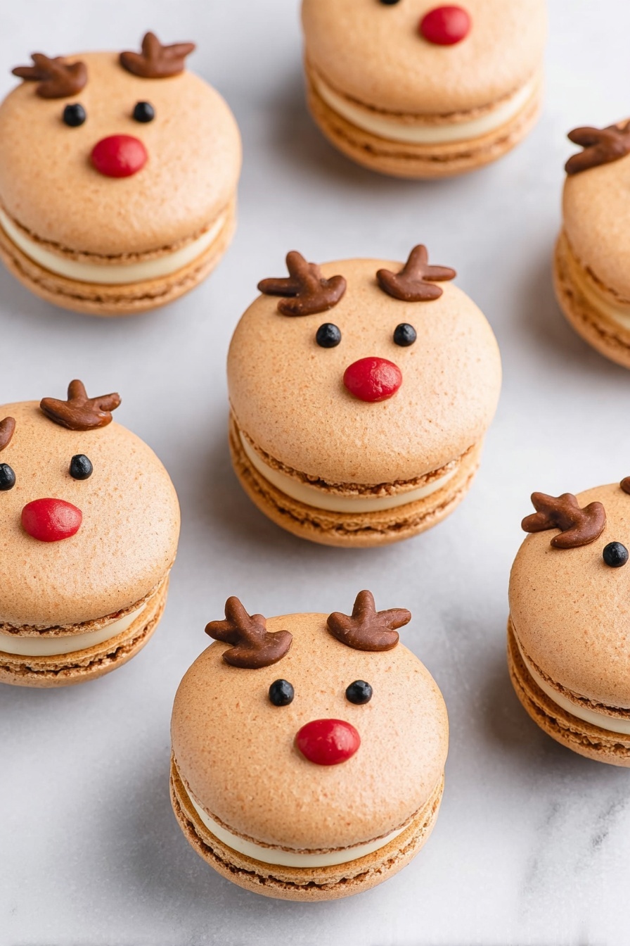 The image shows several light brown macarons arranged on a white marbled surface. Each macaron has two smooth, round shells with a creamy filling in between, matching in light brown color. On the top shell of each macaron, there are simple reindeer faces made with small black dots for eyes, a bright red dot for a nose, and two brown antlers drawn above the eyes. The macarons are evenly spaced, some lying flat and others slightly tilted, showing the thickness and texture of the filling in the middle. photo taken with an iphone --ar 2:3 --v 7 - Christmas Reindeer Macarons, festive holiday macarons, holiday gift ideas, Christmas baking recipes, cute reindeer cookies