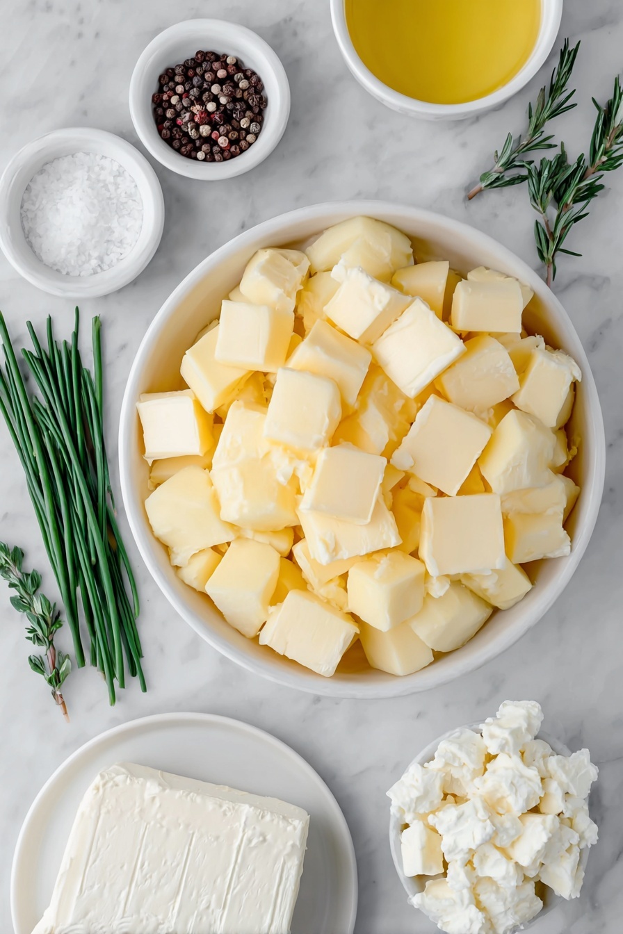 Flat lay of peeled and cubed russet potatoes in a simple white ceramic bowl, a few small cubes of cold salted butter scattered neatly, a small white ceramic bowl filled with melted butter, cubed cream cheese on a white plate, a small white bowl containing half and half, a small white bowl with coarse salt, a small white bowl with whole black peppercorns, and a few fresh green chive sprigs placed elegantly beside the ingredients, all arranged symmetrically and balanced, placed on a clean white marble surface, soft natural light, photo taken with an iPhone, professional food photography style, fresh ingredients, white ceramic bowls, no bottles, no duplicates, no utensils, no packaging --ar 2:3 --v 7 --p m7354615311229779997 - Creamy Baked Mashed Potatoes, baked mashed potatoes, cheesy mashed potato casserole, comfort food side dish, fluffy baked potatoes