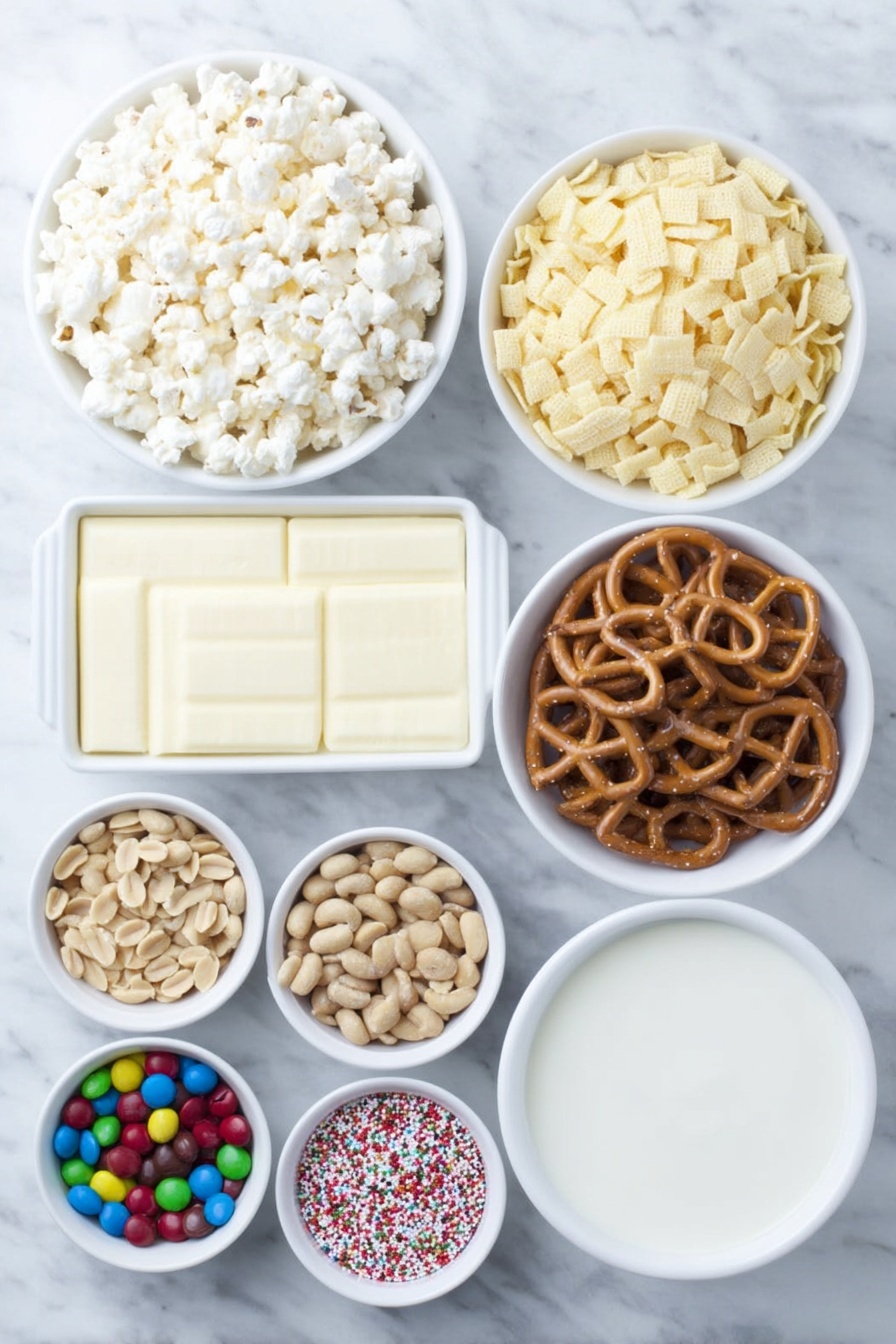 Flat lay of a small white ceramic bowl filled with fluffy Rice Chex cereal, another bowl with crunchy Corn Chex cereal, a third white bowl holding round Cheerios cereal, a white ceramic dish with twisted gluten-free pretzels, a small white bowl of salted peanuts, a white bowl containing red and green milk chocolate M&M candies, a larger white bowl with smooth white vanilla almond bark candy melts, and a tiny white bowl of festive red and green nonpareil sprinkles, all arranged in perfect symmetry and balanced proportions, placed on a clean white marble surface, soft natural light, photo taken with an iPhone, professional food photography style, fresh ingredients, white ceramic bowls, no bottles, no duplicates, no utensils, no packaging --ar 2:3 --v 7 --p m7354615311229779997 - Gluten-Free Christmas Chex Mix, gluten-free holiday snack, festive gluten-free treats, Christmas snack ideas, easy gluten-free party snack