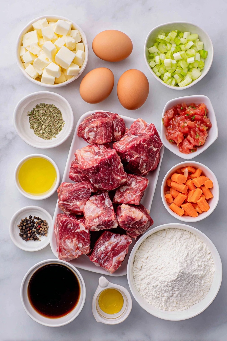 Flat lay of raw venison stew meat chunks, a small white bowl of all-purpose flour, two whole brown eggs with clean shells, a small white bowl of coarse salt, a small white bowl of black peppercorns, a small white bowl of golden avocado oil, quartered baby gold potatoes, diced large orange carrots, diced green celery stalks, diced white onion, whole garlic cloves unpeeled, a small white bowl of mixed dried Herbs de Provence, drained diced fresh red tomatoes in a small white bowl, a small white bowl of rich brown beef broth, a small white bowl of deep red dry red wine, a small white bowl of dark Worcestershire sauce, a small white bowl of fine white cornstarch placed on a clean white marble surface, soft natural light, photo taken with an iPhone, professional food photography style, fresh ingredients, white ceramic bowls, no bottles, no duplicates, no utensils, no packaging --ar 2:3 --v 7 --p m7354615311229779997 - Slow Cooker Venison Stew, venison hearty stew, easy venison recipe, rustic slow cooker recipes, comforting game meat stew