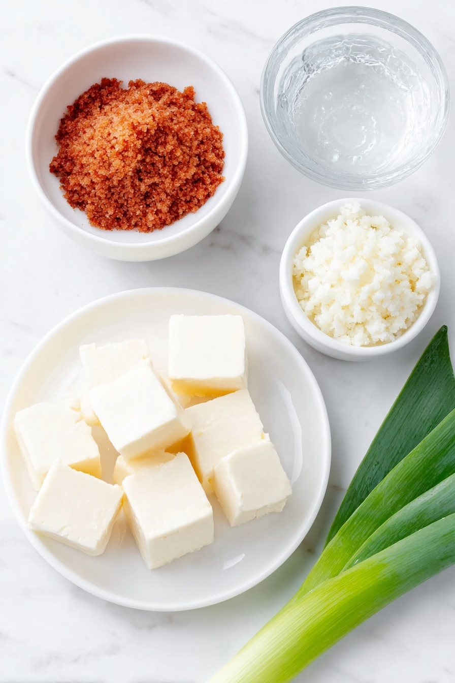Flat lay of a small mound of granulated hondashi powder, a small white bowl filled with dry wakame seaweed pieces, a simple white ceramic plate with neatly cut small cubes of fresh tofu, a small white bowl holding smooth reddish-brown miso paste, a single bright green scallion stalk with thin slices fanned out beside it, and a small white bowl of clear water droplets representing the 4 cups water, all arranged symmetrically and balanced, placed on a clean white marble surface, soft natural light, photo taken with an iPhone, professional food photography style, fresh ingredients, white ceramic bowls, no bottles, no duplicates, no utensils, no packaging --ar 2:3 --v 7 --p m7354615311229779997 - Easy Miso Soup, miso soup recipe, Japanese soup, quick miso soup, healthy miso soup