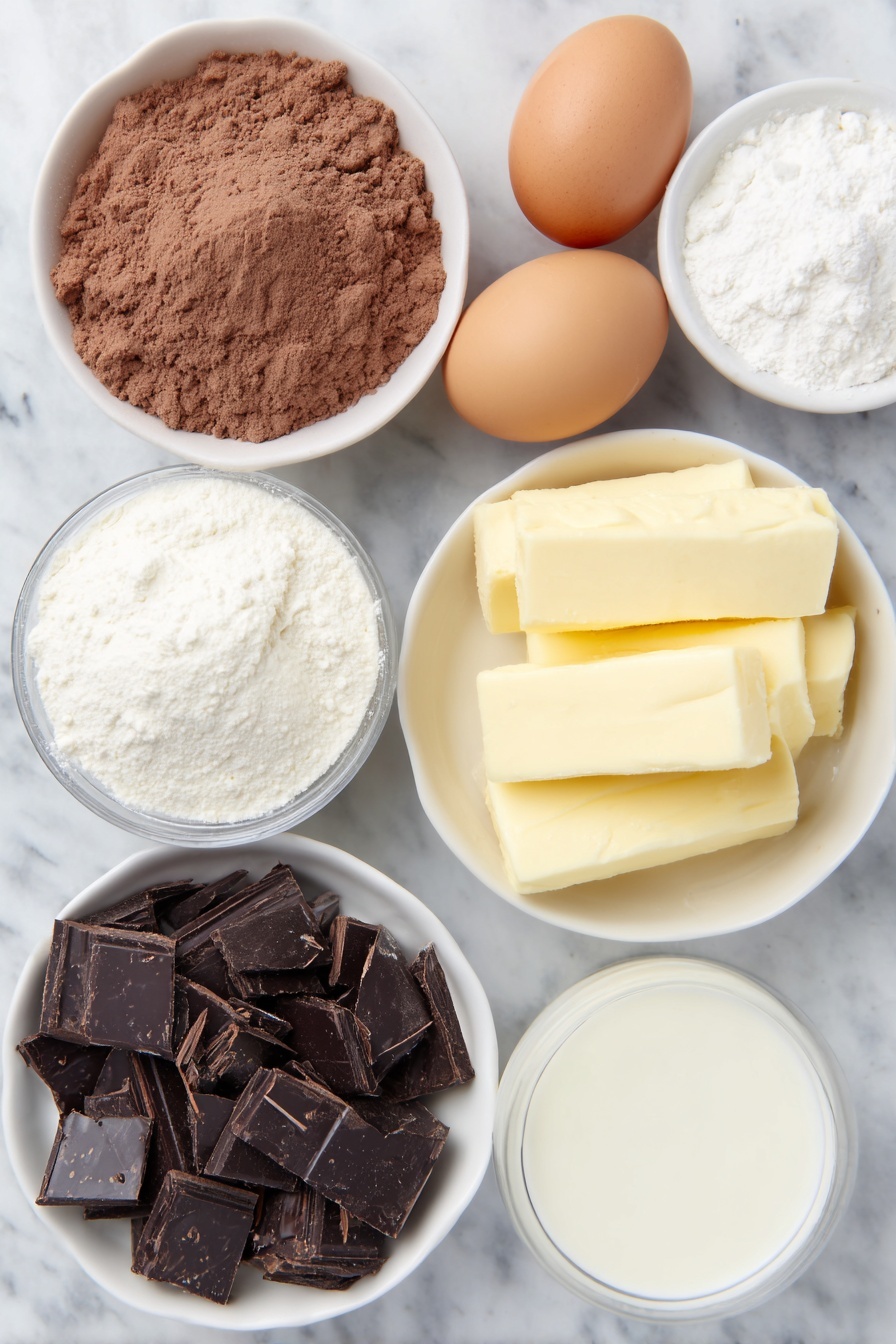 Flat lay of a small white ceramic bowl of fine Dutch-process cocoa powder, a small white ceramic bowl of powdered sugar, a small white ceramic bowl of cornstarch, two whole brown eggs with clean shells, a small white ceramic bowl of heavy cream, a small white ceramic bowl of whole milk, a pile of chopped dark chocolate (70% cocoa), a small mound of dark chocolate shavings (70% cocoa), placed on a clean white marble surface, soft natural light, photo taken with an iPhone, professional food photography style, fresh ingredients, white ceramic bowls, no bottles, no duplicates, no utensils, no packaging --ar 2:3 --v 7 --p m7354615311229779997 - European-Style Hot Chocolate, decadent hot chocolate recipe, thick hot cocoa, dark chocolate drink, European chocolate beverages