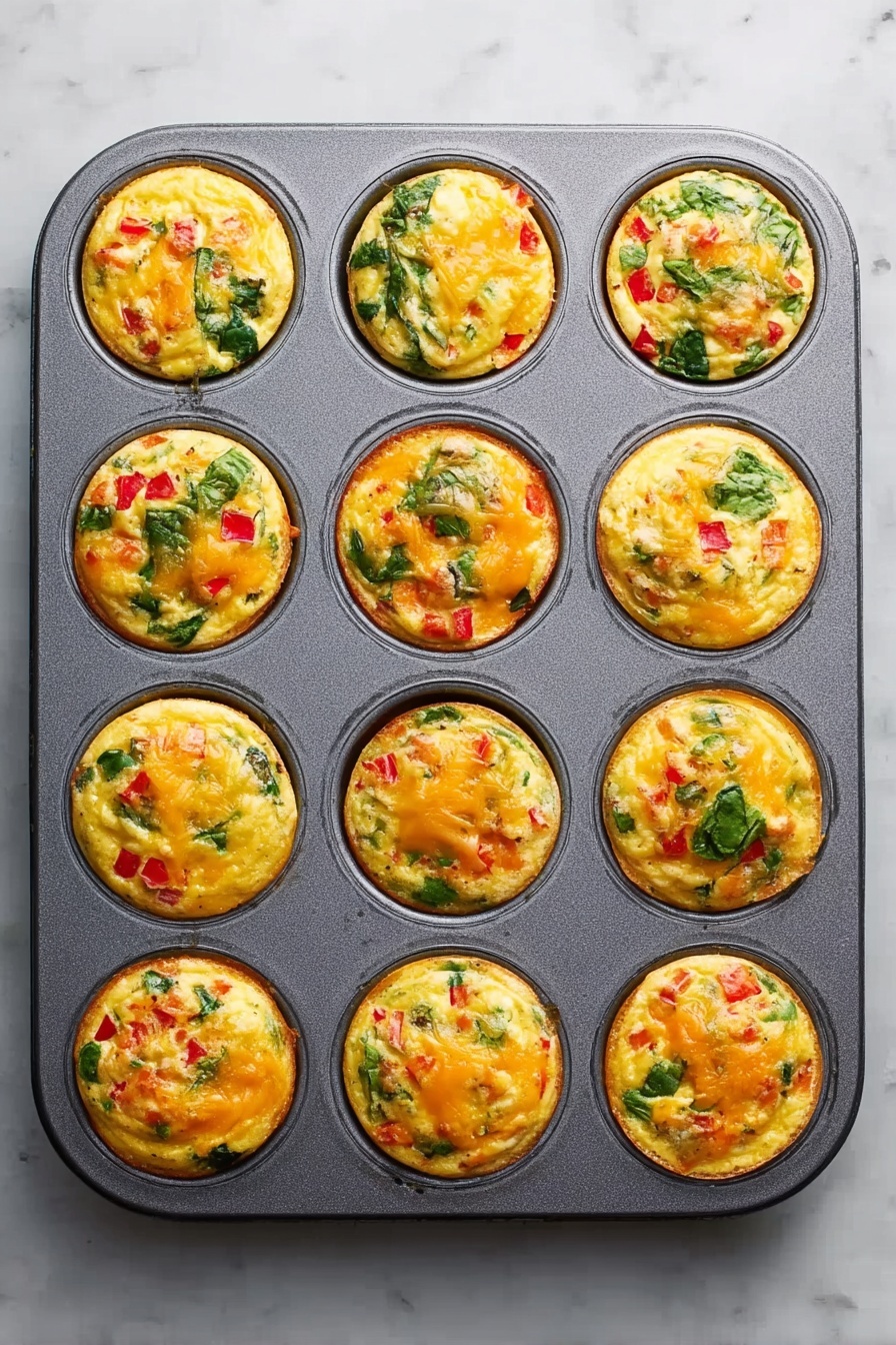 The image shows a group of small round egg muffins with a mix of colorful pieces layered inside. The top layer is light yellow with visible pieces of green spinach, red bell pepper, and some orange cheese. The muffins are placed inside a dark blue pan on a white marbled surface, with some muffins served on two white plates next to it. One muffin on a plate is shown cut in half, revealing the soft texture and mixed vegetables inside. A woman's hand is holding one muffin on the white marbled surface. photo taken with an iphone --ar 2:3 --v 7 - Easy Oven Egg Bites with Spinach and Tomato, healthy egg bites, protein breakfast ideas, make-ahead breakfast recipes, quick breakfast eggs