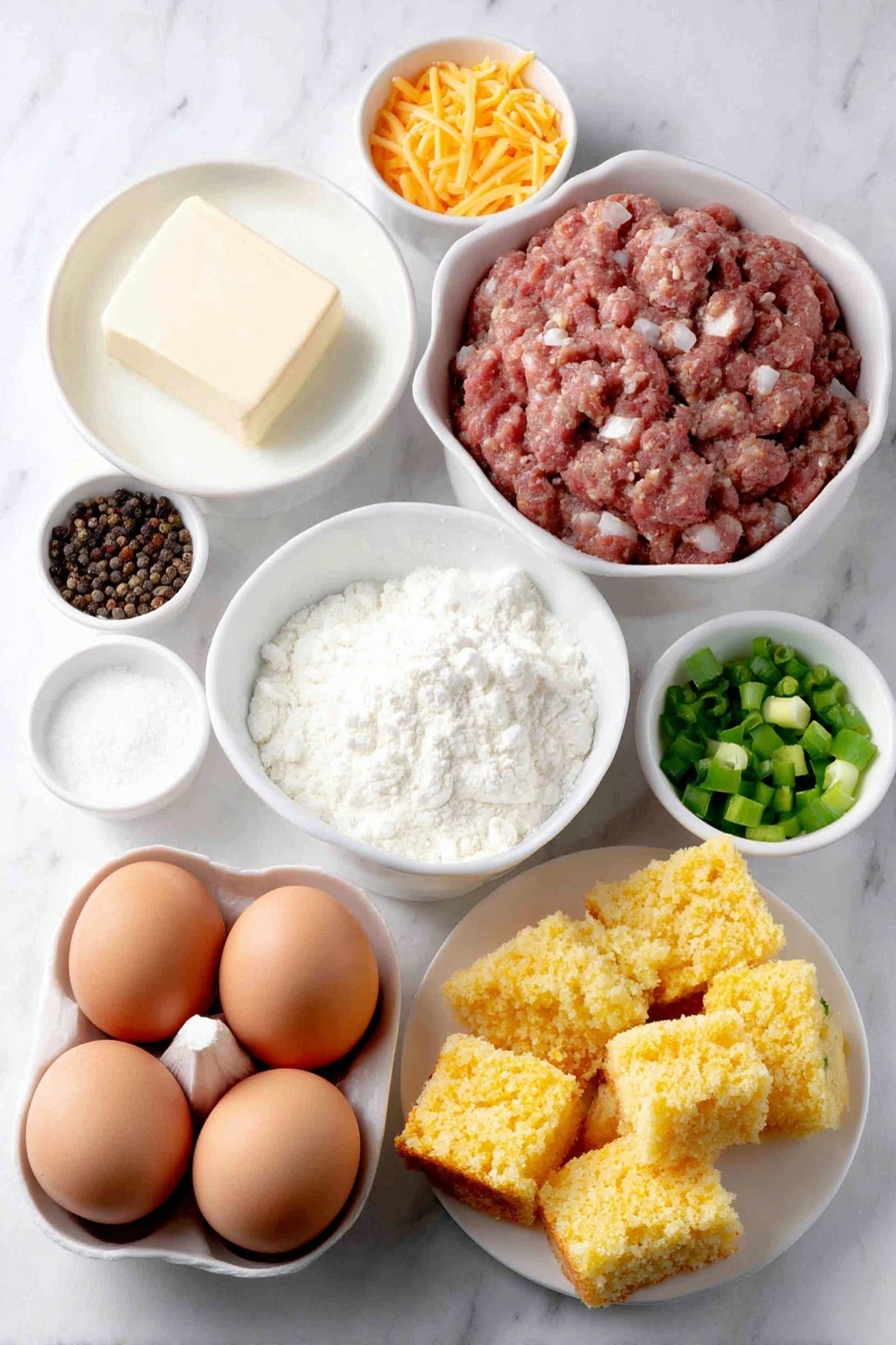 Flat lay of a few pats of soft butter at room temperature, half a chopped white onion, raw bulk sausage in loose chunks, chopped red and green bell pepper pieces, a small white bowl of fresh milk, five whole clean brown eggs, a small white bowl with coarse salt, a small white bowl with black peppercorns, a small white bowl of garlic powder, large crumbles of golden cornbread, a few chopped green onions, a small mound of shredded cheddar cheese all arranged symmetrically on simple white ceramic bowls and plates, placed on a clean white marble surface, soft natural light, photo taken with an iPhone, professional food photography style, fresh ingredients, white ceramic bowls, no bottles, no duplicates, no utensils, no packaging --ar 2:3 --v 7 --p m7354615311229779997 - Leftover Cornbread Breakfast Casserole, easy cornbread casserole, breakfast casserole with cornbread, holiday brunch casserole, cornbread breakfast bake