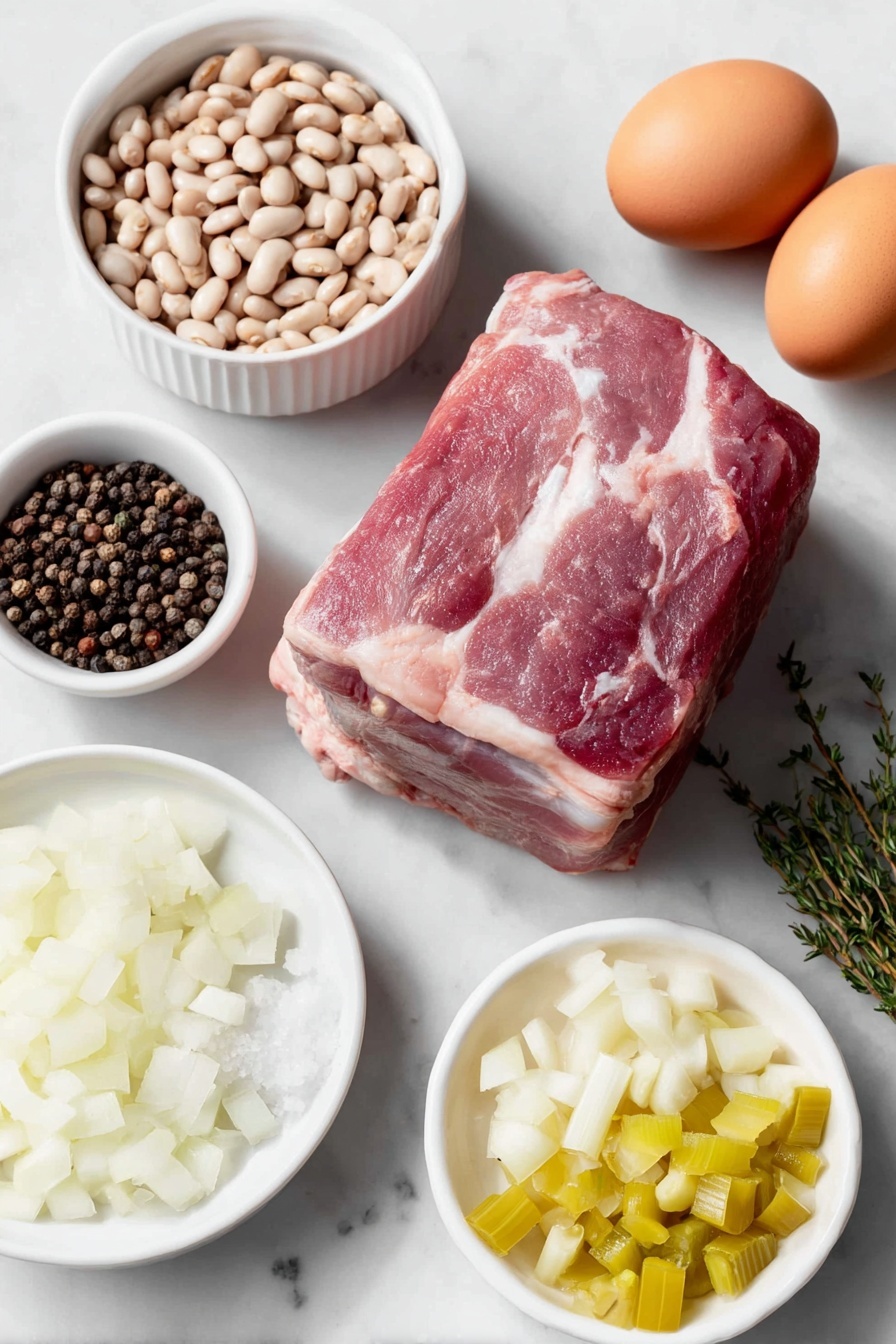 Flat lay of a small mound of dried navy beans, a fresh pink ham bone with bits of meat attached, half a large white onion diced, one large celery rib diced, five peeled garlic cloves, a small bundle of fresh thyme sprigs, a small white bowl of coarse sea salt, a small white bowl of black peppercorns, a small white bowl of water, one large diced orange carrot, and two whole brown eggs placed symmetrically on simple white ceramic dishes and bowls, all ingredients fresh and natural, placed on a clean white marble surface, soft natural light, photo taken with an iPhone, professional food photography style, fresh ingredients, white ceramic bowls, no bottles, no duplicates, no utensils, no packaging --ar 2:3 --v 7 --p m7354615311229779997 - Hearty Ham and Bean Soup, hearty ham and bean soup, easy ham and bean soup, comforting bean soup recipe, smoky ham bean stew