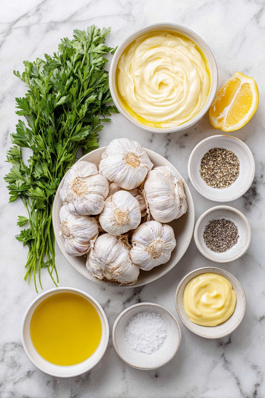 Flat lay of a whole head of garlic with exposed cloves golden roasted, a small white ceramic bowl of smooth pale yellow mayonnaise, a small white ceramic bowl of bright yellow olive oil, a small white ceramic bowl of fresh lemon juice, a small white ceramic bowl of creamy Dijon mustard, a small white ceramic bowl of coarse salt and cracked black pepper, a handful of fresh green parsley sprigs, all arranged in perfect symmetry, placed on a clean white marble surface, soft natural light, photo taken with an iPhone, professional food photography style, fresh ingredients, white ceramic bowls, no bottles, no duplicates, no utensils, no packaging --ar 2:3 --v 7 --p m7354615311229779997 - Roasted Garlic Aioli, garlic aioli recipe, homemade garlic aioli, roasted garlic sauce, AIoli dip
