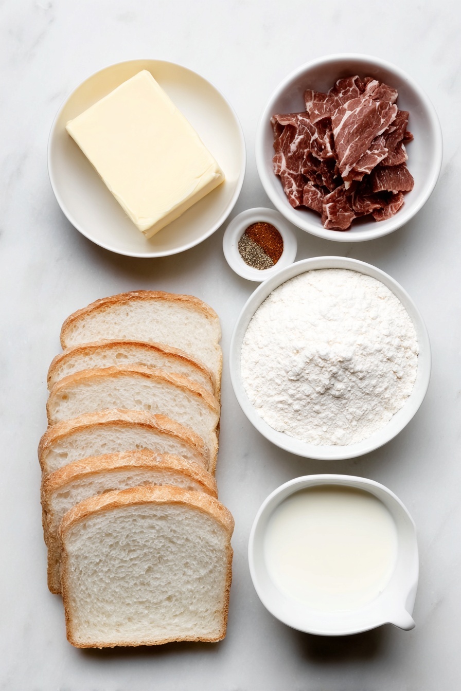 Flat lay of a small white ceramic bowl of unsalted butter, thin ribbons of dried beef loosely arranged, a small white ceramic bowl of all-purpose flour, a small white ceramic bowl of black pepper, a small white ceramic bowl with a pinch of cayenne pepper, a small white ceramic bowl with ground nutmeg, a small white ceramic bowl of milk at room temperature, and six thick slices of fresh bread neatly stacked in two even piles, placed on a clean white marble surface, soft natural light, photo taken with an iPhone, professional food photography style, fresh ingredients, white ceramic bowls, no bottles, no duplicates, no utensils, no packaging --ar 2:3 --v 7 --p m7354615311229779997 - Chipped Beef on Toast, classic comfort food, easy breakfast recipes, hearty quick meals, savory breakfast ideas