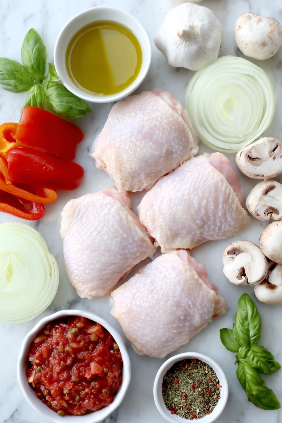 Flat lay of boneless skinless chicken thighs with clean skin, a small white ceramic bowl of golden olive oil, thinly sliced yellow onion rings arranged neatly, bright red bell pepper strips, vibrant green bell pepper strips, a small pile of fresh sliced brown mushrooms, three whole uncracked garlic cloves, a small white ceramic bowl filled with crushed red tomatoes, another small white bowl with diced tomatoes drained of liquid, a small white bowl containing rich chicken broth, a small heap of mixed dried Italian herbs including basil and oregano, a tiny white bowl with red pepper flakes, a small white bowl of briny capers, fresh bright green parsley sprigs, and fresh basil leaves, all arranged symmetrically and balanced on a clean white marble surface, soft natural light, photo taken with an iPhone, professional food photography style, fresh ingredients, white ceramic bowls, no bottles, no duplicates, no utensils, no packaging --ar 2:3 --v 7 --p m7354615311229779997 - Crockpot Chicken Cacciatore, Slow cooker Italian chicken, Easy Chicken Cacciatore recipe, Hearty Italian chicken dinner, Cheap healthy crockpot meals