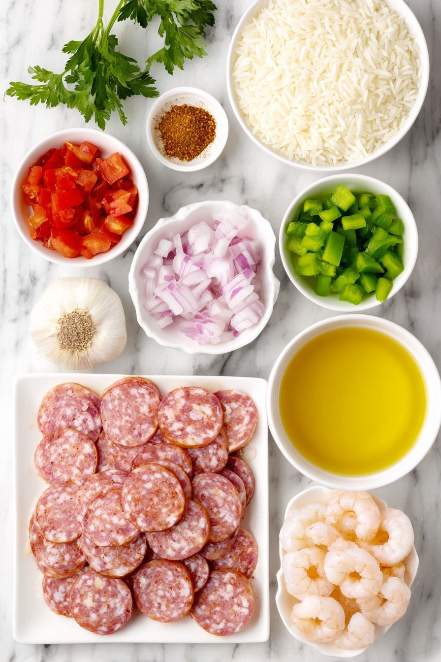 Flat lay of a small white ceramic bowl of vegetable oil, thinly sliced smoked andouille sausage arranged neatly on a white ceramic plate, one small sweet onion diced in a simple white bowl, diced red bell pepper in a white bowl, diced green bell pepper in a white bowl, uncooked basmati rice in a white ceramic bowl, four whole uncracked garlic bulbs beside a small white bowl of minced garlic, loose dried sweet paprika, dried oregano, onion powder, and dried thyme each sprinkled artfully on white ceramic dishes, one fresh bay leaf placed flat, coarse kosher salt and freshly ground black pepper in small white bowls, a white ceramic bowl filled with clear chicken stock, a white bowl of petite diced fresh tomatoes, small white bowl with smooth tomato paste, small white bowl with red hot sauce, peeled and deveined medium shrimp laid out on a white ceramic plate, and a few sprigs of bright fresh parsley leaves placed delicately nearby—all ingredients fresh and natural, arranged with perfect symmetry on a clean white marble surface, soft natural light, photo taken with an iPhone, professional food photography style, fresh ingredients, white ceramic bowls, no bottles, no duplicates, no utensils, no packaging --ar 2:3 --v 7 --p m7354615311229779997 - Easy Shrimp and Sausage Jambalaya, Shrimp and Sausage Jambalaya, Southern Jambalaya, One-Pot Jambalaya Recipe, Comfort Food Dinner