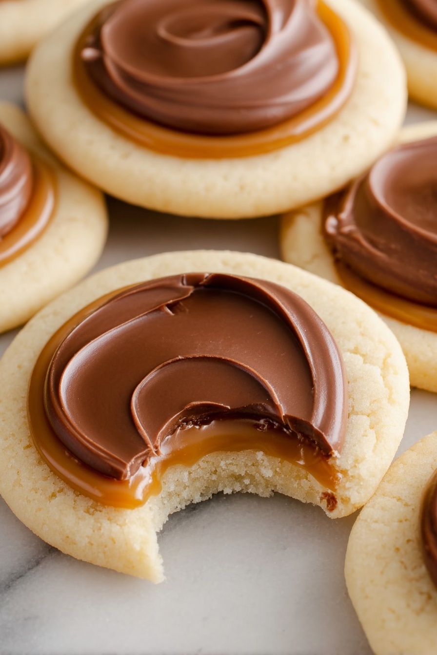 The image shows round cookies with three visible layers: a pale, smooth base layer forming the cookie, a middle layer of glossy caramel spread evenly in a ring shape just inside the cookie's edge, and a top layer of thick, swirled milk chocolate spread in a circular shape that sits in the middle of the caramel. One cookie has a bite taken out of it, revealing the soft, slightly crumbly texture of the base. The cookies are placed on a white marbled surface. photo taken with an iphone --ar 2:3 --v 7 - Twix Cookie Cups, homemade Twix cookie treats, easy Twix-inspired desserts, caramel cookie cups, chocolate caramel cookie bites